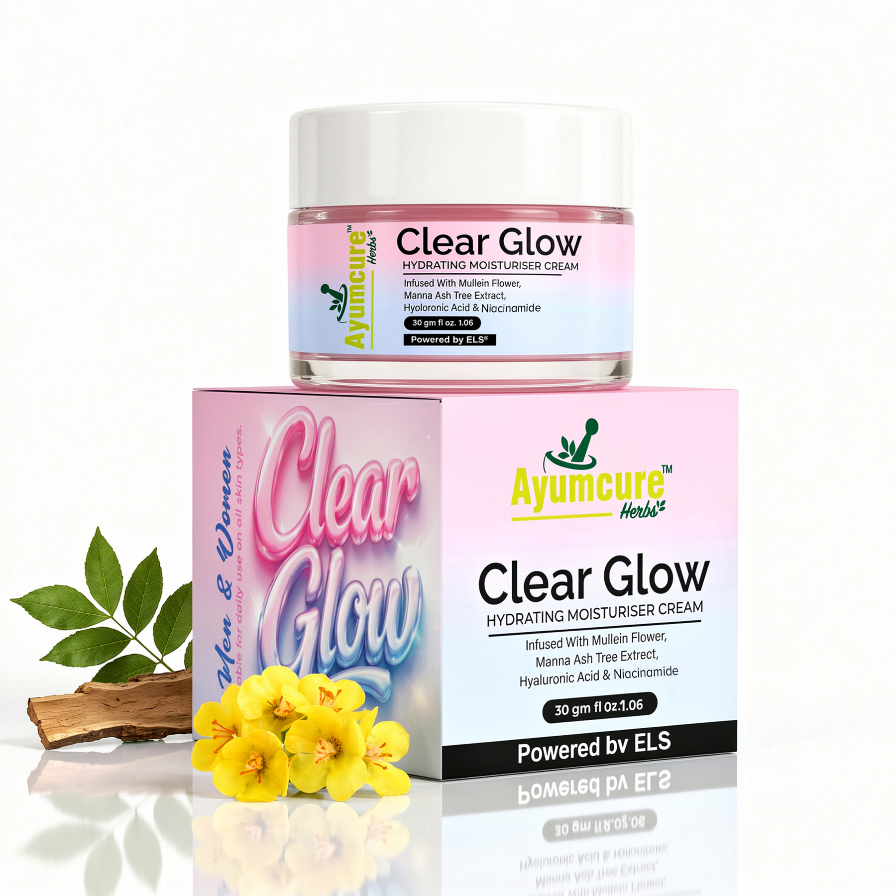 Clear Glow Korean Skin Hydrating Moisturiser Cream | Glass Glow Skin Formula with Hyaluronic Acid & Niacinamide | Infused with Mullein Flower & Manna Ash Tree Extract | Deep Hydration Lightweight Daily Face Cream for Women & Men | 30 gm