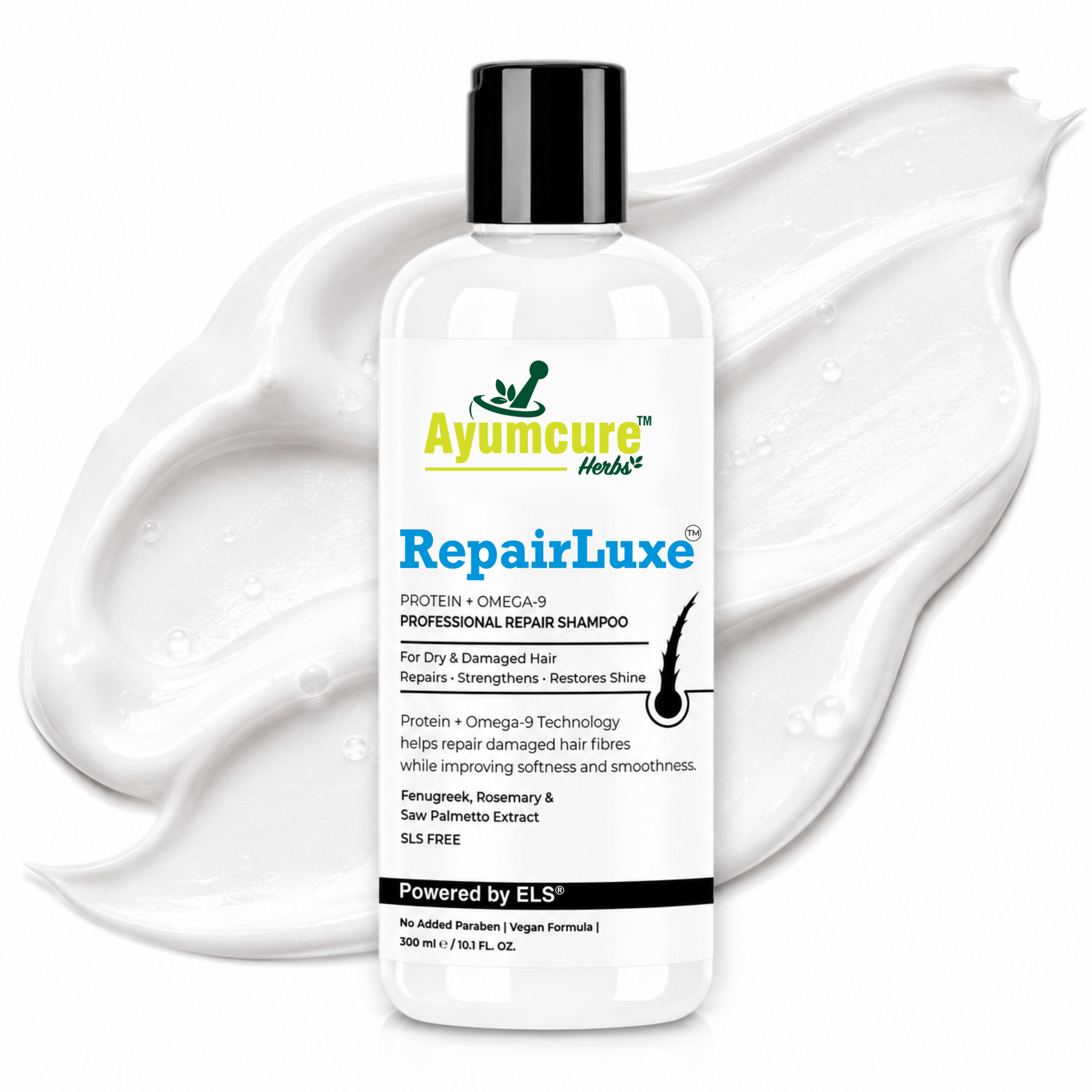 Ayumcure RepairLuxe Professional Repair Shampoo | Protein + Omega-9 Technology | DHT Blocker | Repairs Dry & Damaged Hair | Strengthens Hair Fibres, Reduces Breakage & Supports Healthy Hair Growth | With Fenugreek, Rosemary & Saw Palmetto | SLS Free