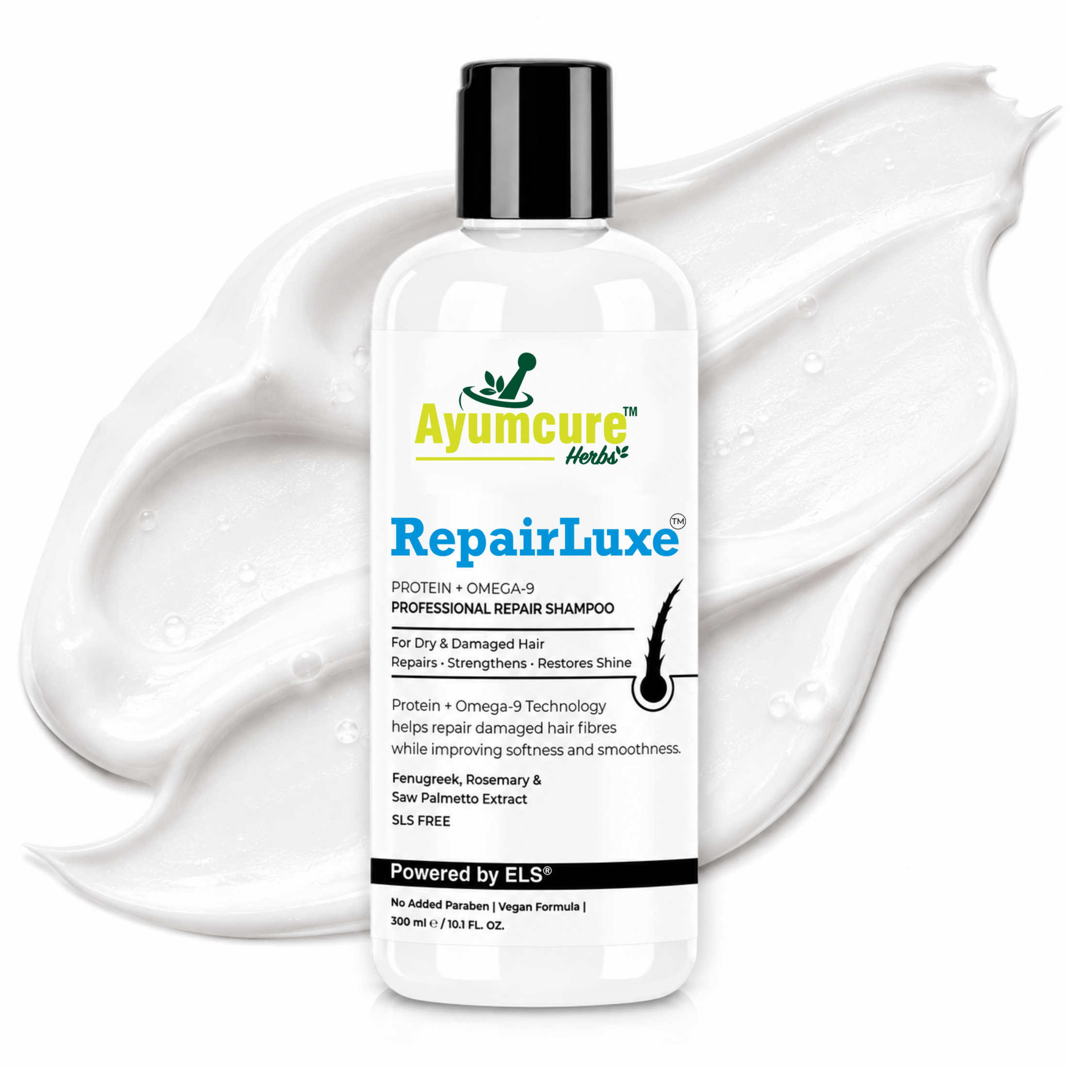 Ayumcure RepairLuxe Professional Repair Shampoo | Protein + Omega-9 Technology | DHT Blocker | Repairs Dry & Damaged Hair | Strengthens Hair Fibres, Reduces Breakage & Supports Healthy Hair Growth | With Fenugreek, Rosemary & Saw Palmetto | SLS Free