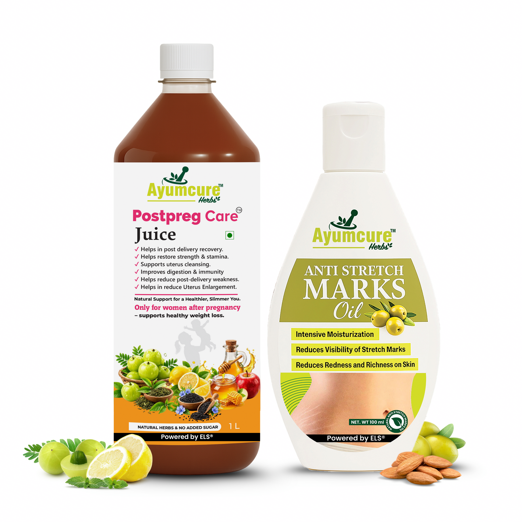 Ayumcure Postpartum Recovery Combo | Postpreg Care Juice 1L + Stretch Mark Reduction Oil 100ml | Ayurvedic Herbal Tonic for Post Delivery Wellness | Natural Oils for Skin Elasticity & Nourishment