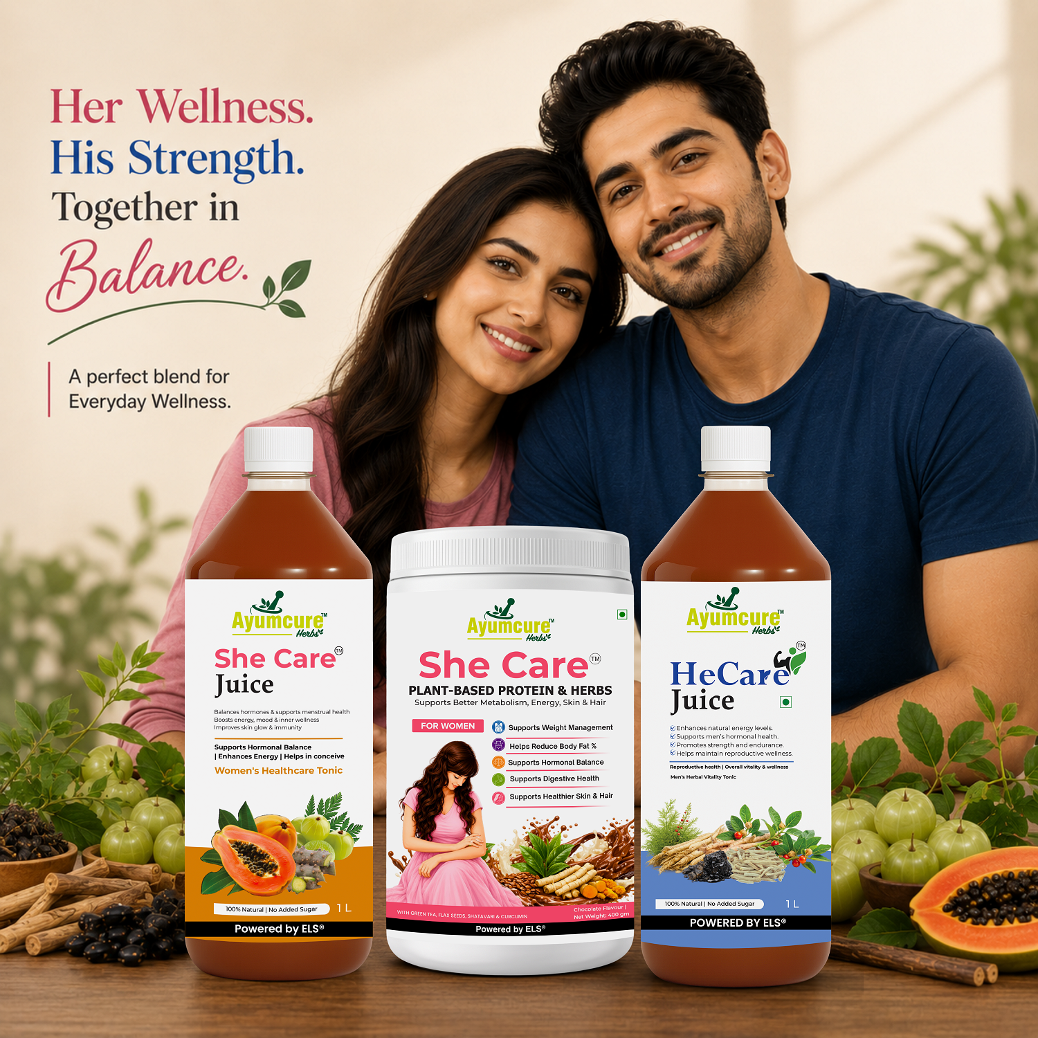 His & Her Wellness Combo | She Care Juice 1 L + HeCare Juice 1 L + Women’s Plant-Based Protein Powder 400 g, Chocolate Flavour |