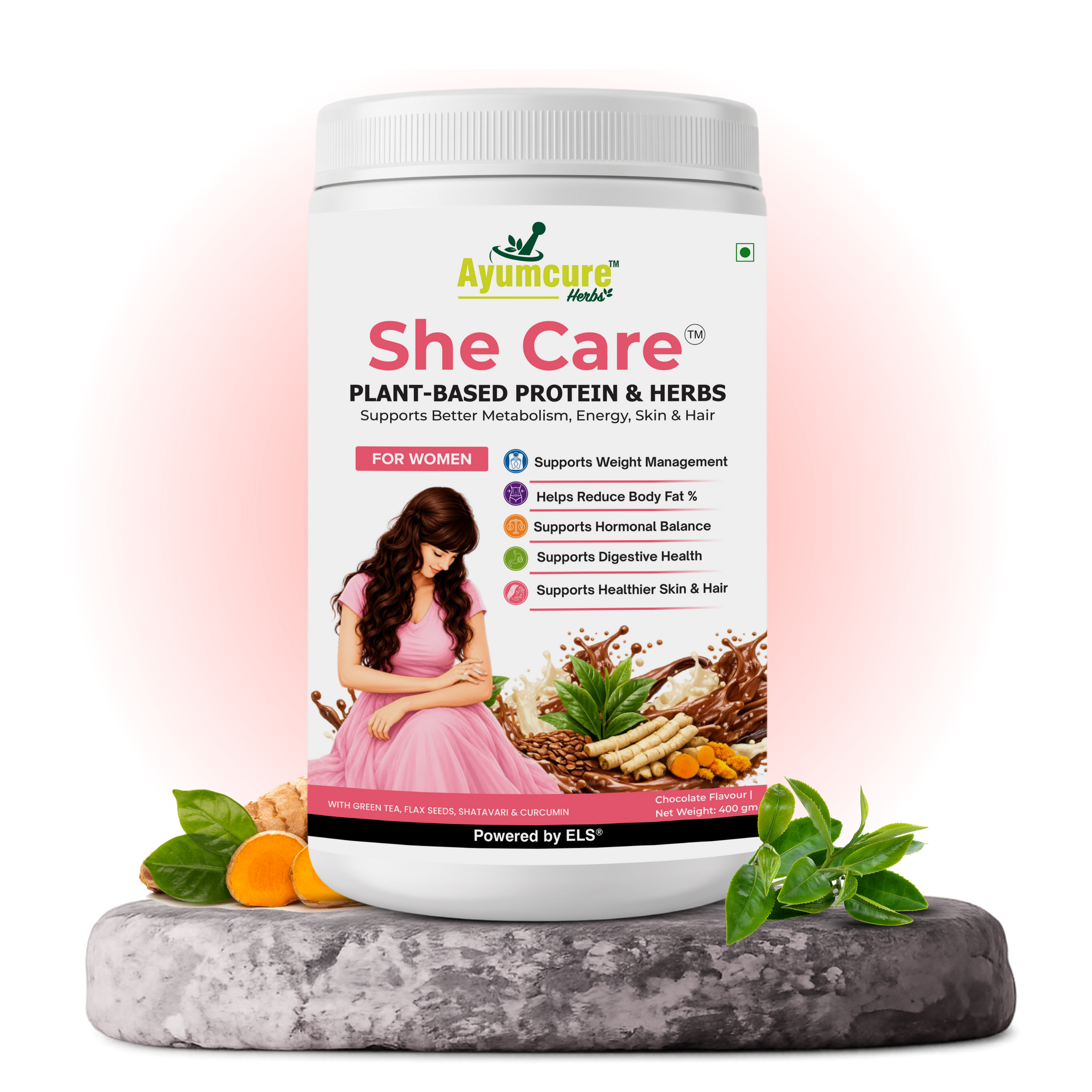 She Care Plant-Based Protein Powder & Herbs for Women | Supports Weight Management, Hormonal Balance, Metabolism & Digestive Health | With Green Tea, Flax Seeds, Shatavari & Curcumin | Chocolate Flavour | 400g