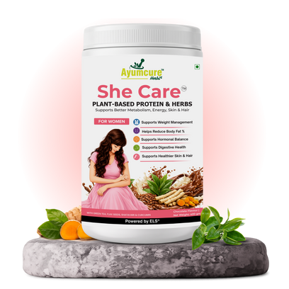 She Care Plant-Based Protein Powder & Herbs for Women | Supports Weight Management, Hormonal Balance, Metabolism & Digestive Health | With Green Tea, Flax Seeds, Shatavari & Curcumin | Chocolate Flavour | 400g