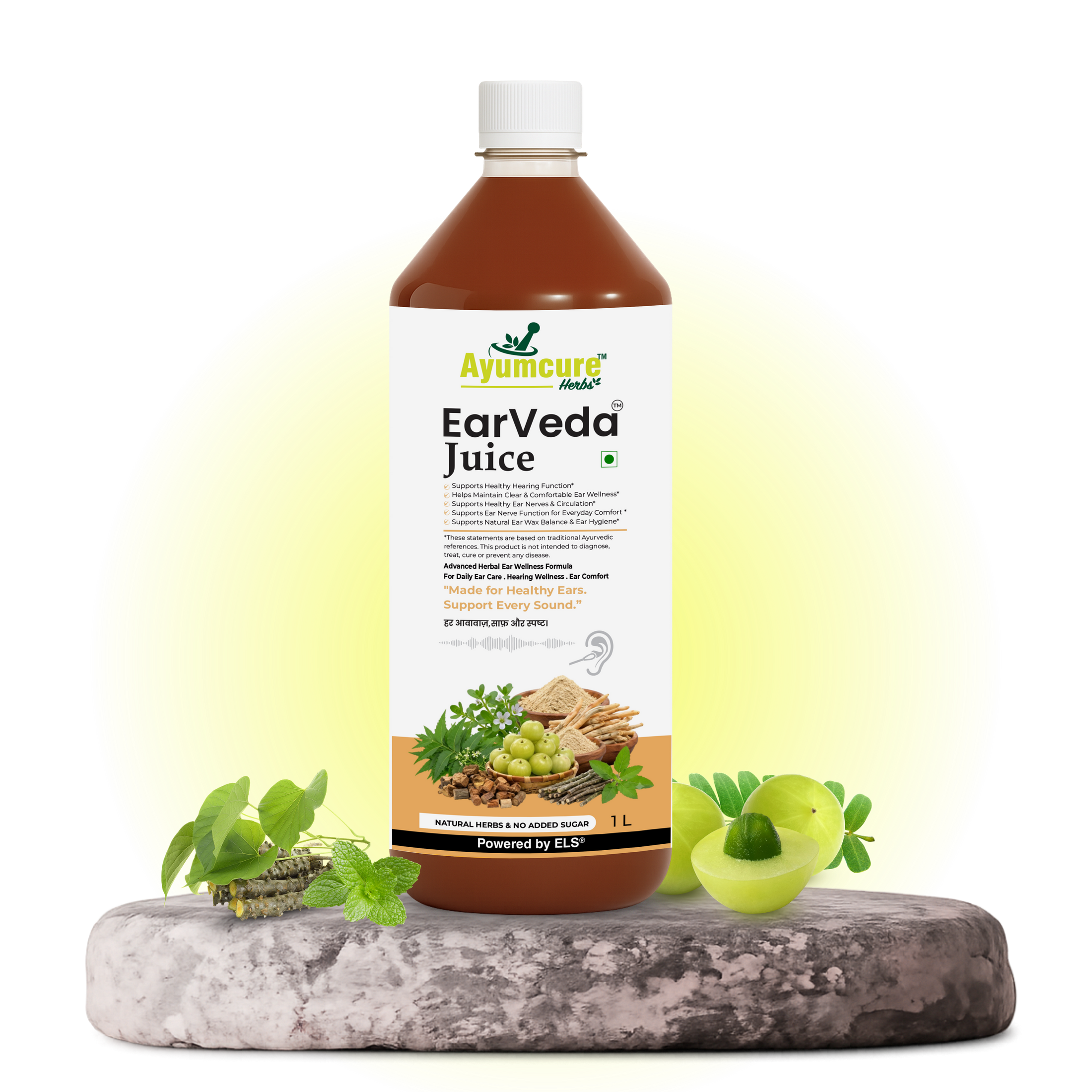 Ayumcure EarVeda Juice – Ayurvedic Ear Wellness Juice with | Supports Healthy Hearing, Ear Nerve Function & Circulation | Natural Herbs, No Added Sugar | 1L