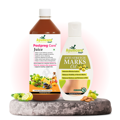 Postpartum Recovery Combo | Postpreg Care Juice 1L + Stretch Mark Reduction Oil 100ml | Ayurvedic Herbal Tonic for Post Delivery Wellness | Natural Oils for Skin Elasticity & Nourishment