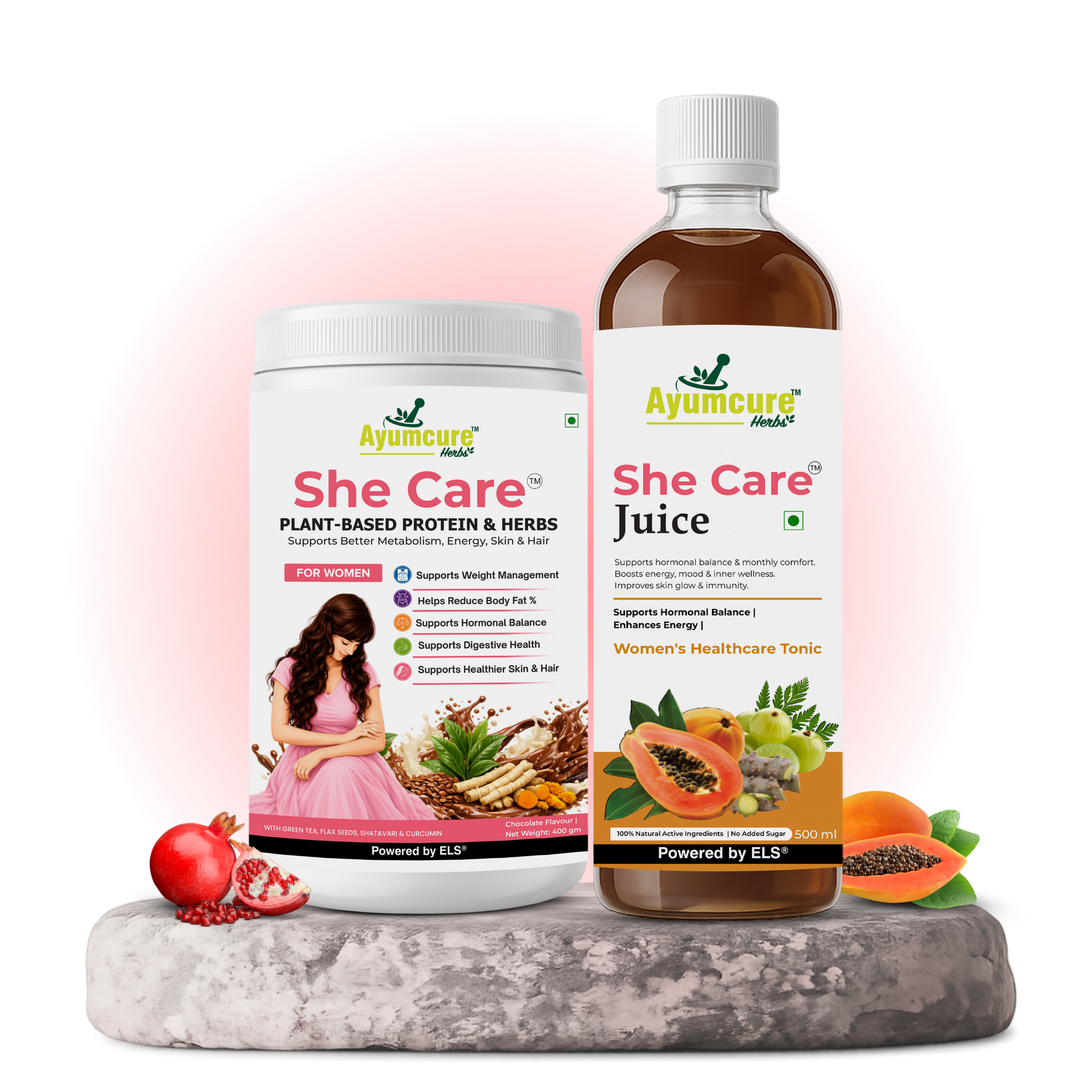 She Care Women’s Wellness Combo | Plant-Based Protein Powder 400 g + Ayurvedic Herbal Juice 500 ml | Daily Nutrition, Hormonal Wellness & Monthly Comfort Support
