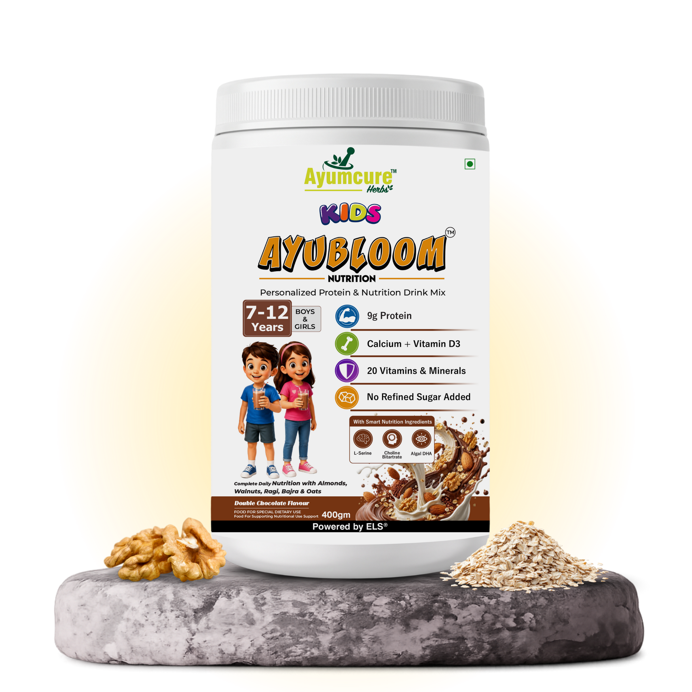 Kids AYUBLOOM Nutrition Drink Powder |  Complete Daily Nutrition for Boys & Girls 7-12 Years