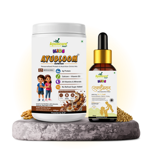 AYUBLOOM Nutrition Drink Powder + Swarnaprashan Drops | Complete Daily Nutrition, Immunity & Brain Support for Children | For Boys & Girls 2-12 Years