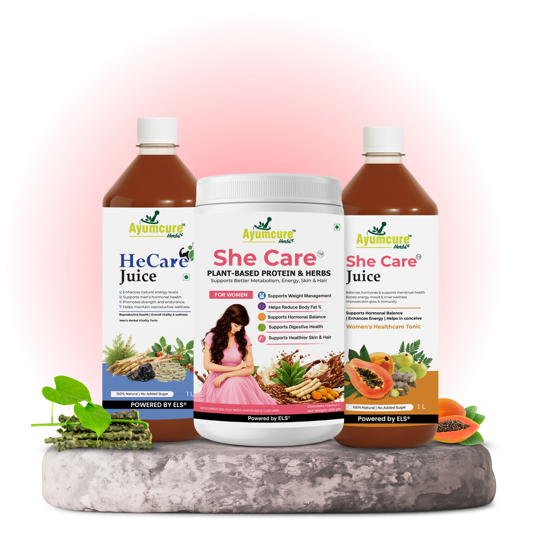 His & Her Wellness Combo | She Care Juice 1 L + HeCare Juice 1 L + Women’s Plant-Based Protein Powder 400 g, Chocolate Flavour |