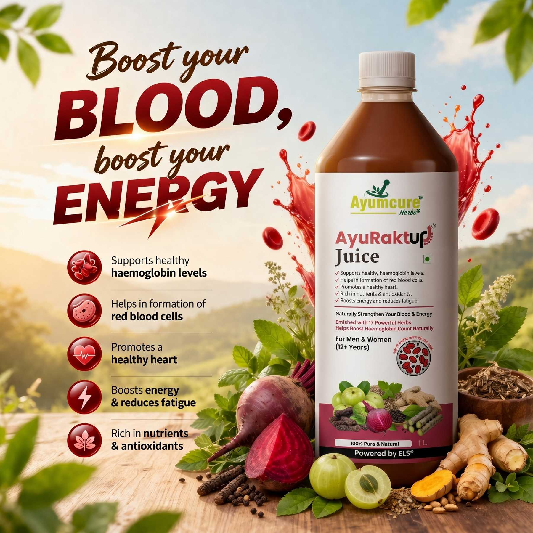 Ayumcure AyuRaktUp Juice | Ayurvedic Blood Health & Iron Support Tonic with 17+ Herbs | Supports Healthy Hemoglobin Levels, RBC Formation & Energy | Helps Reduce Fatigue | 100% Natural | For Men & Women | 1L