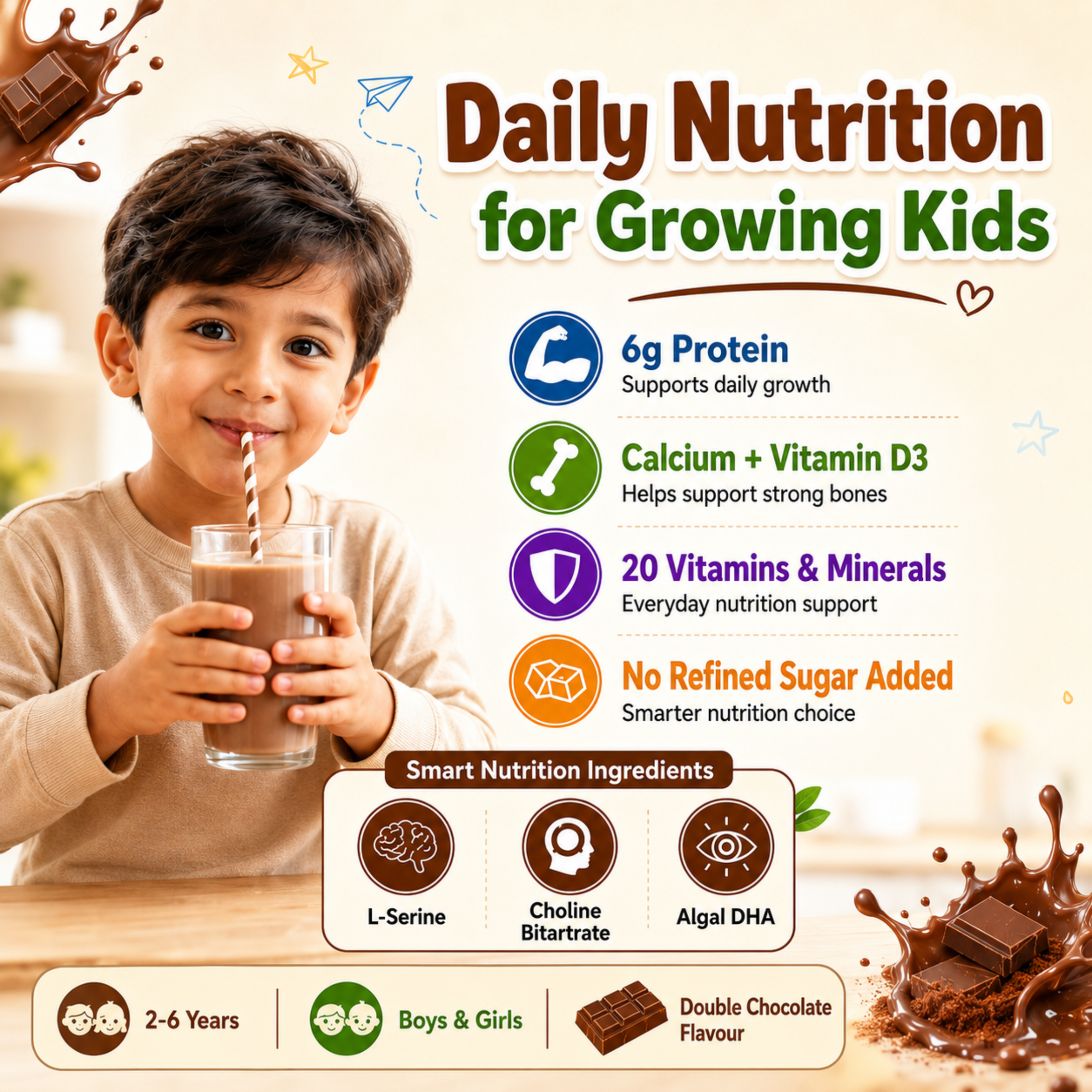 Ayumcure Kids AYUBLOOM Nutrition Drink Powder | No Refined Sugar Added | 6g Protein Per Serving | With DHA, Wellmune, Choline & L-Serine | 13 Vitamins & 6 Minerals | Complete Daily Nutrition for Boys & Girls 2-6 Years