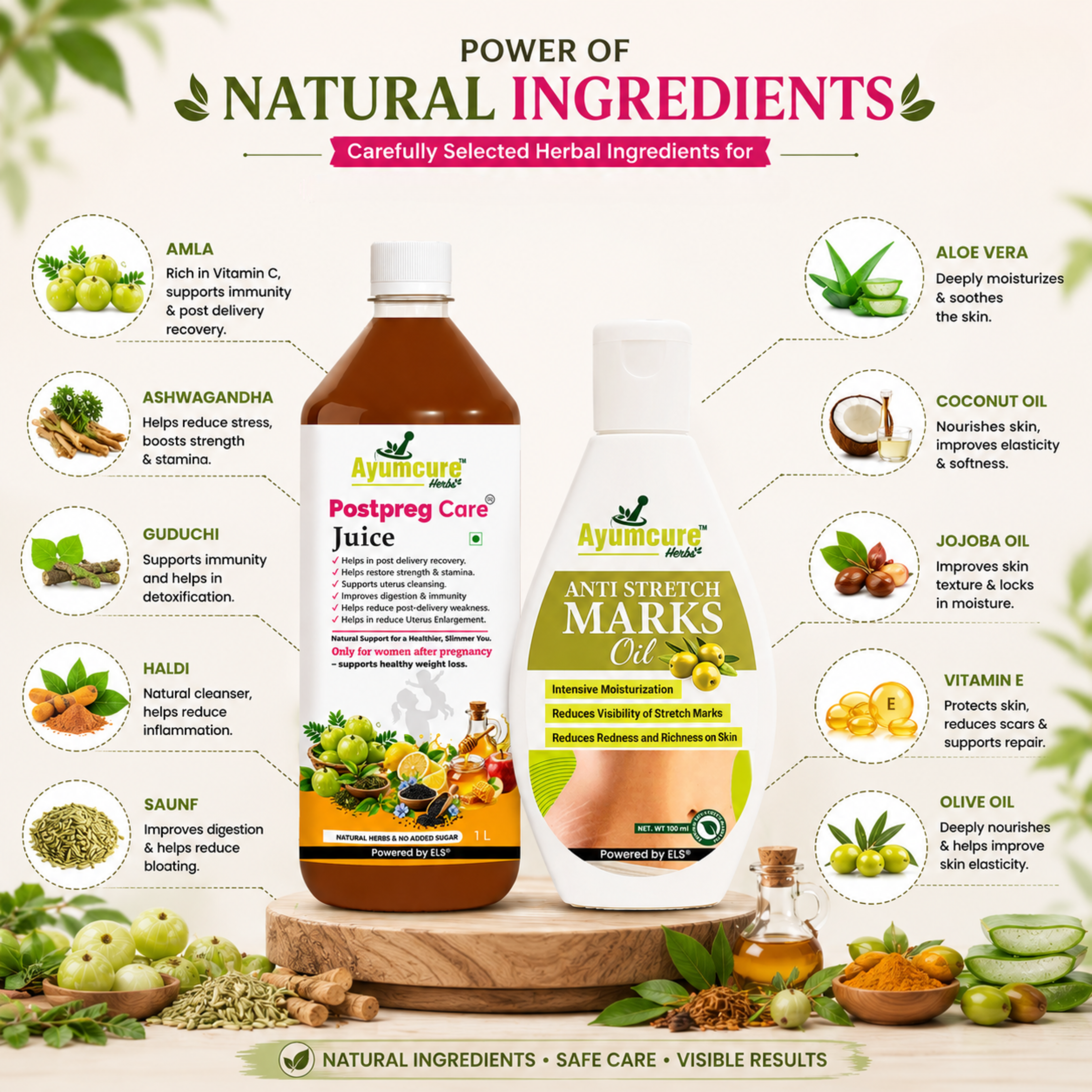 Ayumcure Postpartum Recovery Combo | Postpreg Care Juice 1L + Stretch Mark Reduction Oil 100ml | Ayurvedic Herbal Tonic for Post Delivery Wellness | Natural Oils for Skin Elasticity & Nourishment