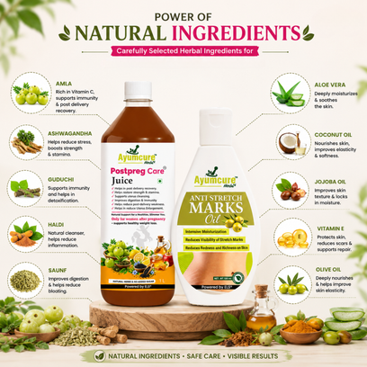 Postpartum Recovery Combo | Postpreg Care Juice 1L + Stretch Mark Reduction Oil 100ml | Ayurvedic Herbal Tonic for Post Delivery Wellness | Natural Oils for Skin Elasticity & Nourishment - Alternate View
