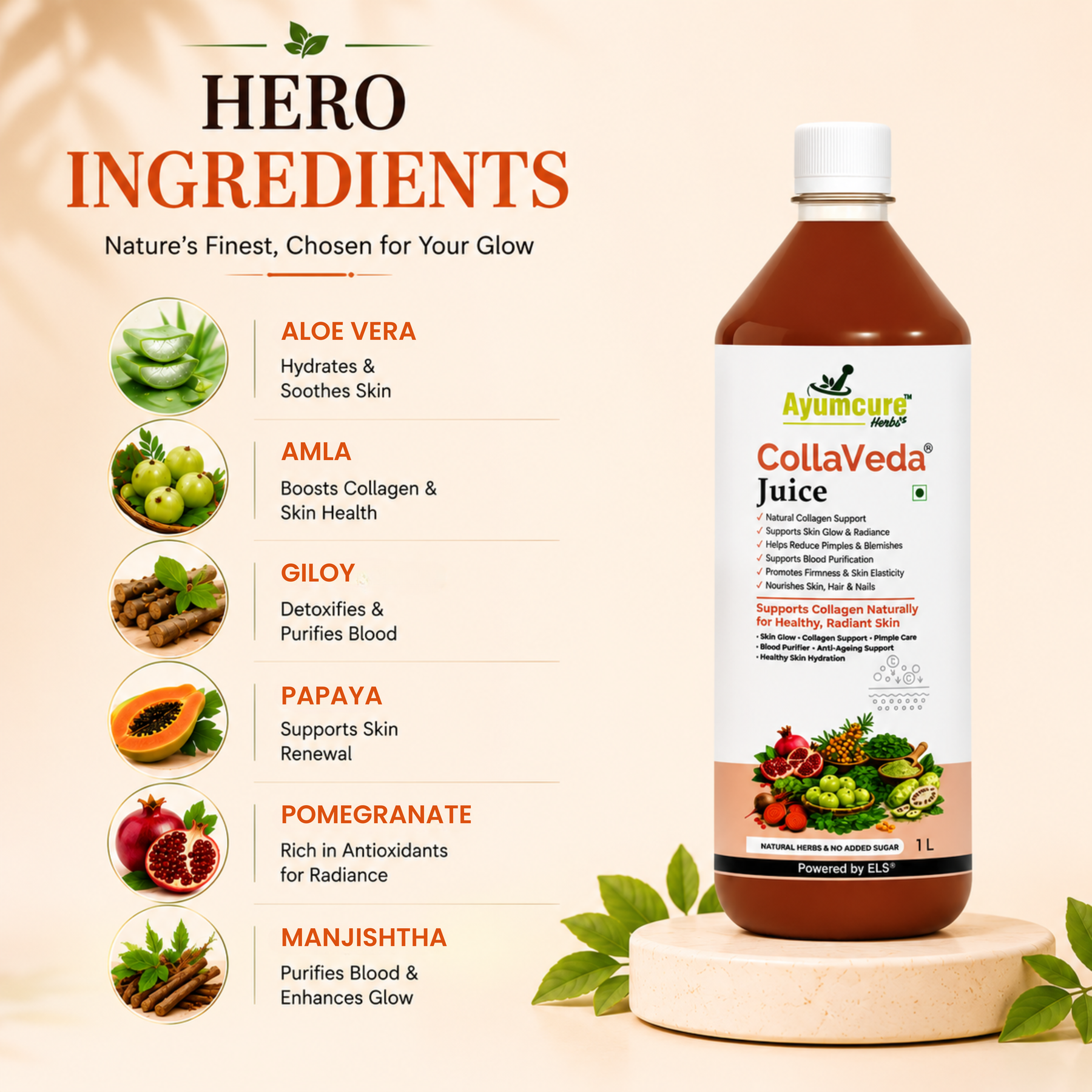 CollaVeda Juice | Korean Glass Skin Formula | 100% Herbal | Natural Collagen Support | Skin Glow & Radiance | For Men & Women | 1 Litre