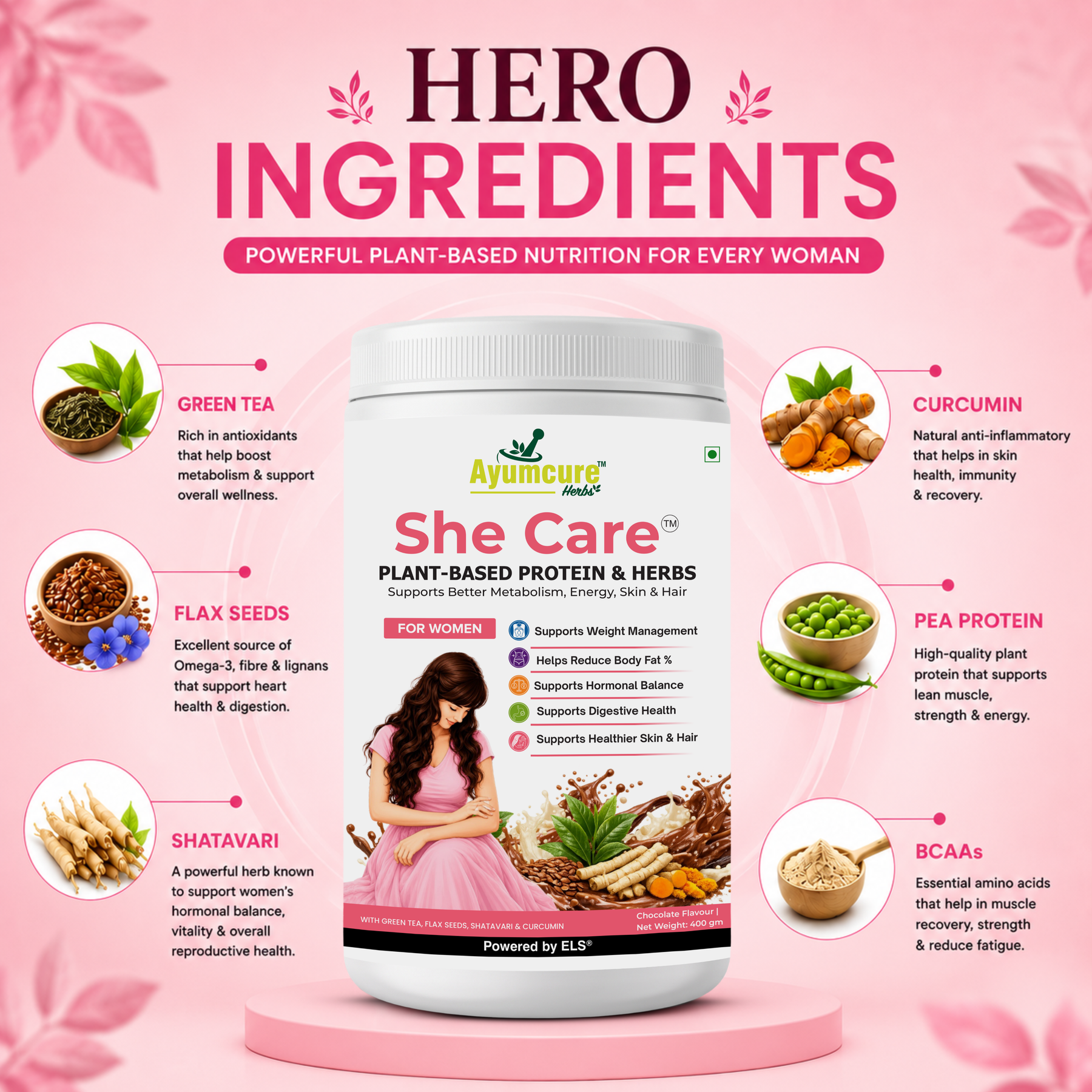 She Care Plant-Based Protein Powder & Herbs for Women | Supports Weight Management, Hormonal Balance, Metabolism & Digestive Health | With Green Tea, Flax Seeds, Shatavari & Curcumin | Chocolate Flavour | 400g