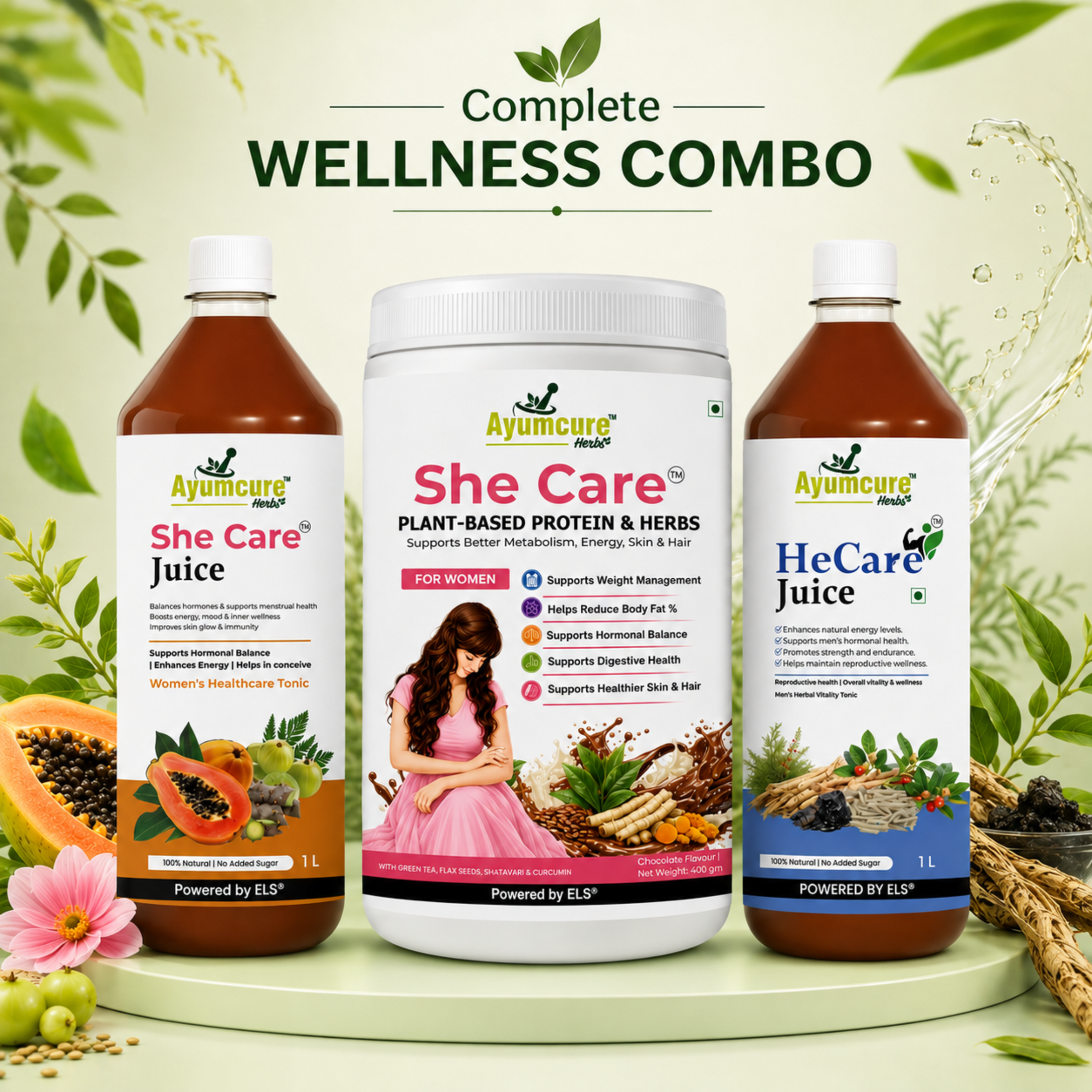 His & Her Wellness Combo | She Care Juice 1 L + HeCare Juice 1 L + Women’s Plant-Based Protein Powder 400 g, Chocolate Flavour |