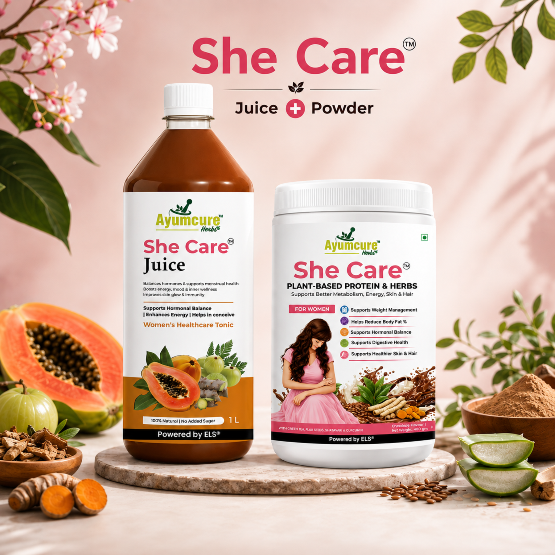 She Care Women’s Wellness Combo | Plant-Based Protein Powder 400 g + Ayurvedic Herbal Juice 1 L | Daily Nutrition, Hormonal Wellness & Monthly Comfort Support