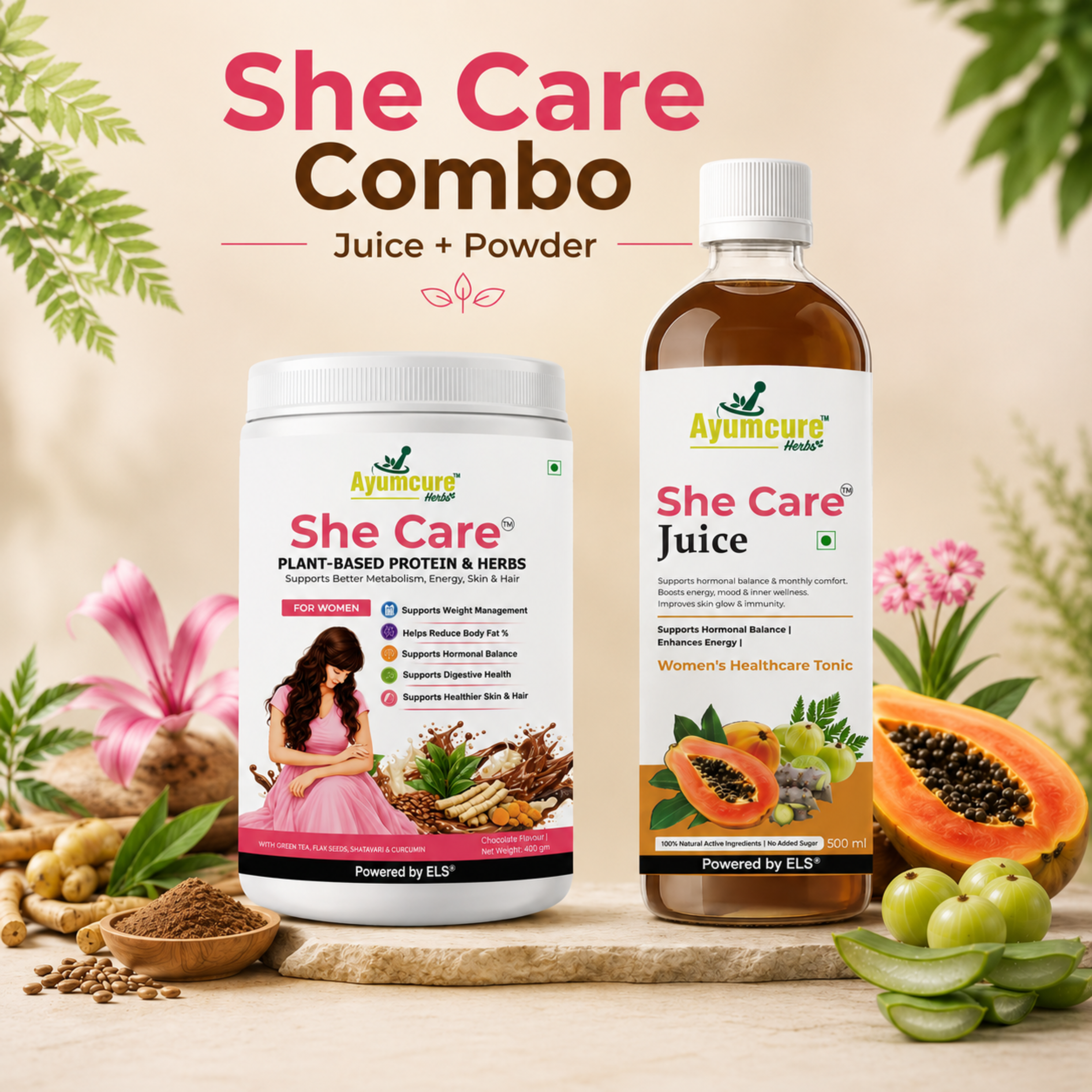 She Care Women’s Wellness Combo | Plant-Based Protein Powder 400 g + Ayurvedic Herbal Juice 500 ml | Daily Nutrition, Hormonal Wellness & Monthly Comfort Support