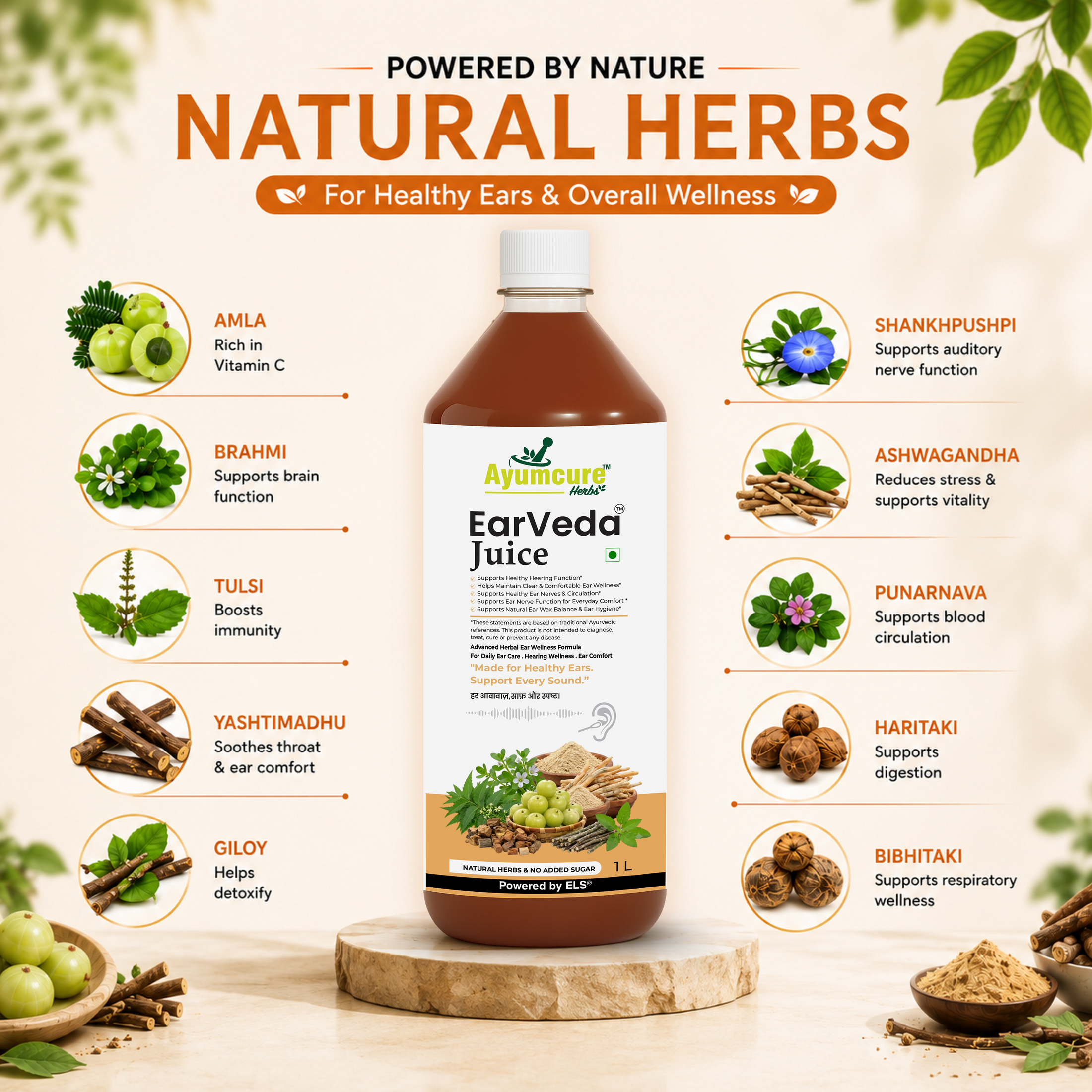 Ayumcure EarVeda Juice – Ayurvedic Ear Wellness Juice with | Supports Healthy Hearing, Ear Nerve Function & Circulation | Natural Herbs, No Added Sugar | 1L