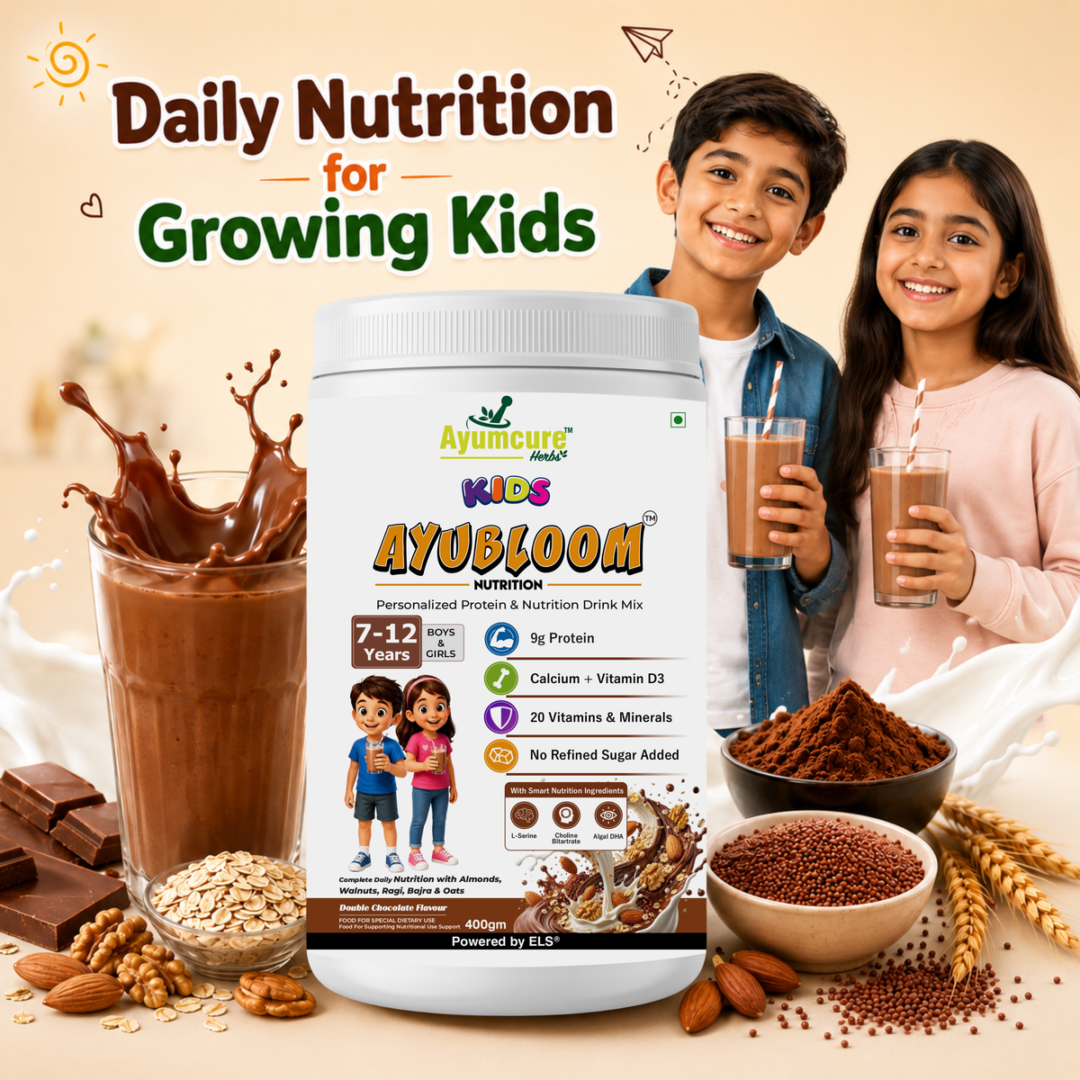 Kids AYUBLOOM Nutrition Drink Powder |  Complete Daily Nutrition for Boys & Girls 7-12 Years