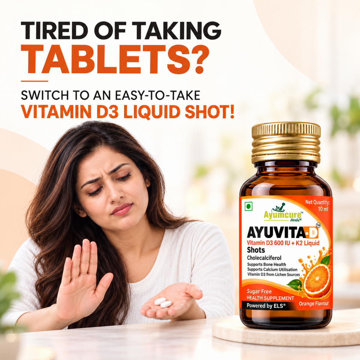Ayumcure Ayuvita-D Vitamin D3 600 IU + K2 Liquid Shots | Sugar Free | Orange Flavour | 10ml × 8 Shots