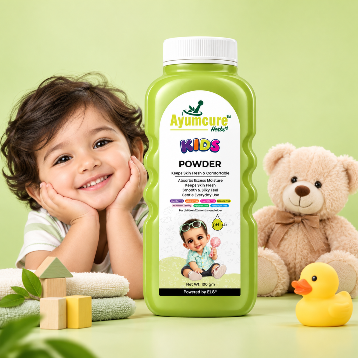 Ayumcure Herbs Kids Powder | Keeps Skin Fresh & Comfortable | Ayurvedic with Rice Starch, Neem & Vetiver | Absorbs Excess Moisture | 100gm