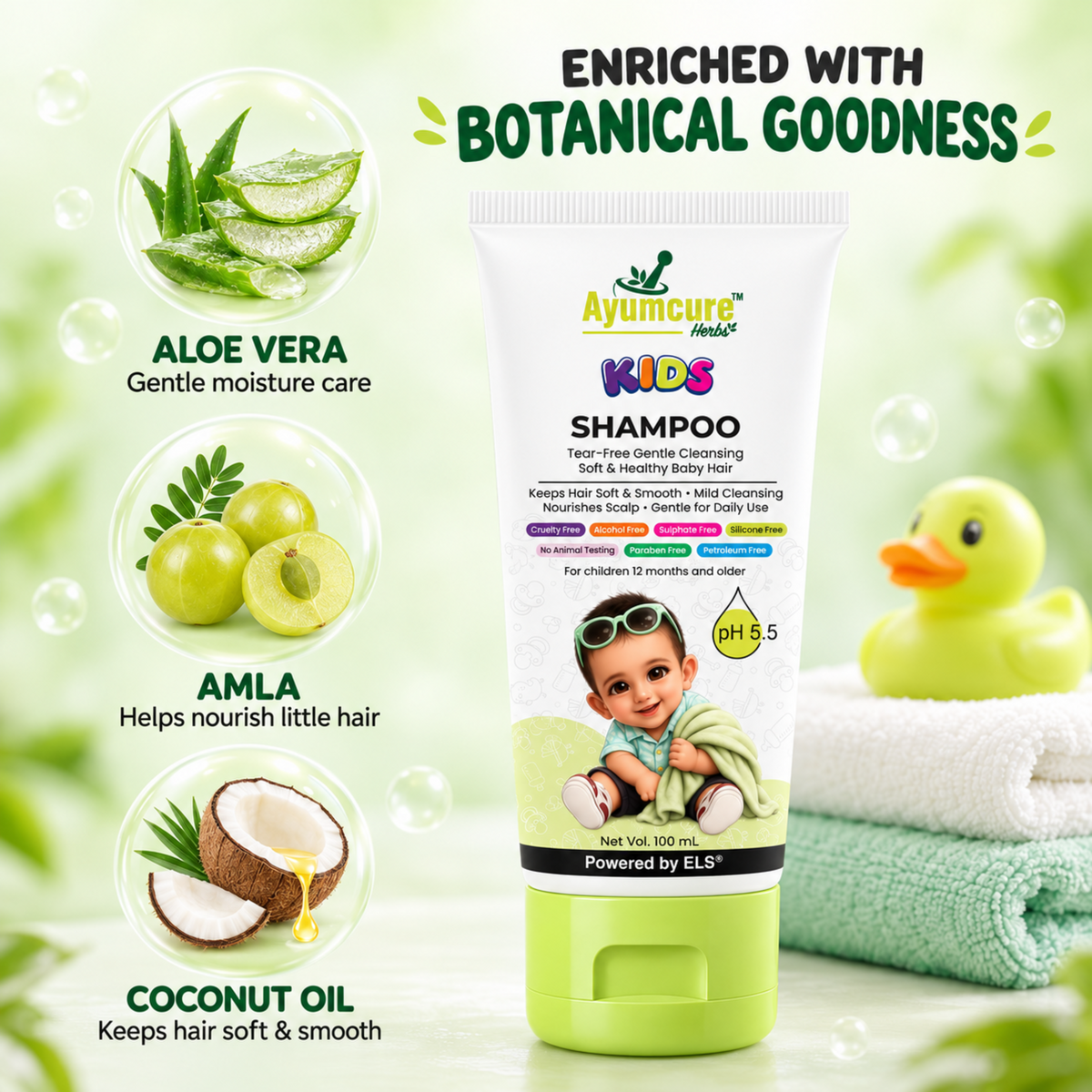 Ayumcure Herbs Kids Tear-Free Shampoo | Sulphate, Paraben & Silicone Free | Ayurvedic with Aloe Vera, Neem, Shikakai & Amla | Gentle Daily Baby Hair Cleanser | 100ml
