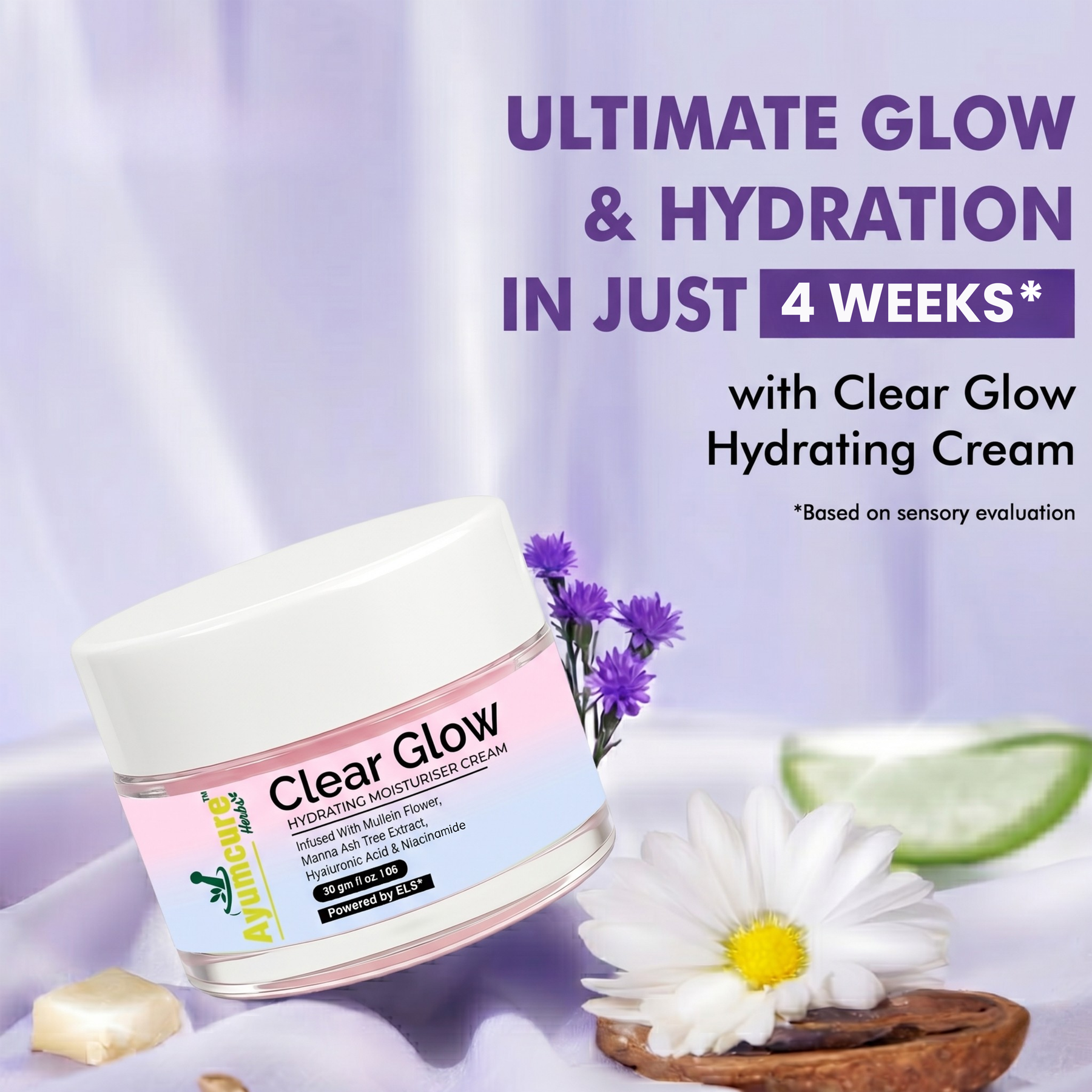 Clear Glow Korean Skin Hydrating Moisturiser Cream | Glass Glow Skin Formula with Hyaluronic Acid & Niacinamide | Infused with Mullein Flower & Manna Ash Tree Extract | Deep Hydration Lightweight Daily Face Cream for Women & Men | 30 gm
