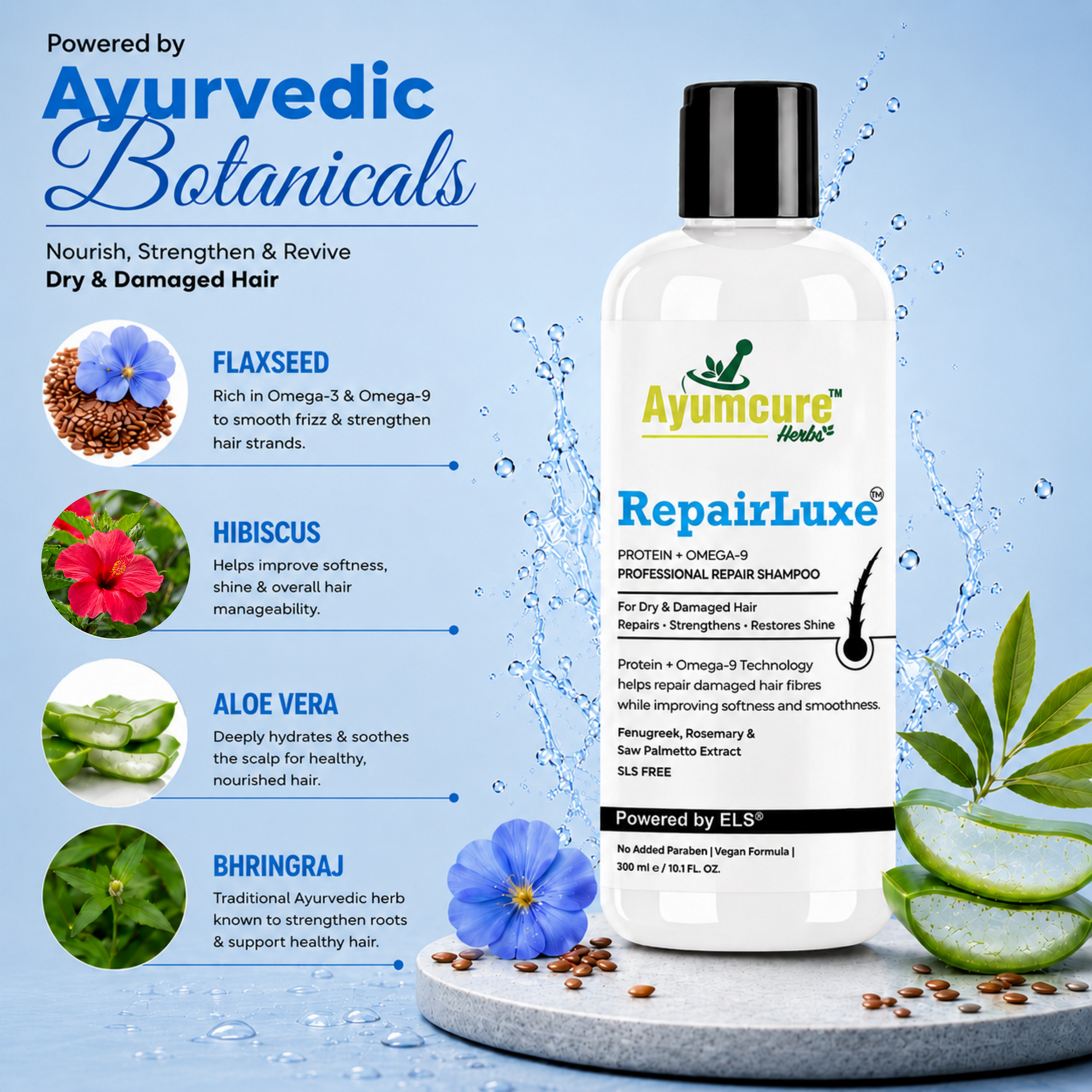 Ayumcure RepairLuxe Professional Repair Shampoo | Protein + Omega-9 Technology | DHT Blocker | Repairs Dry & Damaged Hair | Strengthens Hair Fibres, Reduces Breakage & Supports Healthy Hair Growth | With Fenugreek, Rosemary & Saw Palmetto | SLS Free