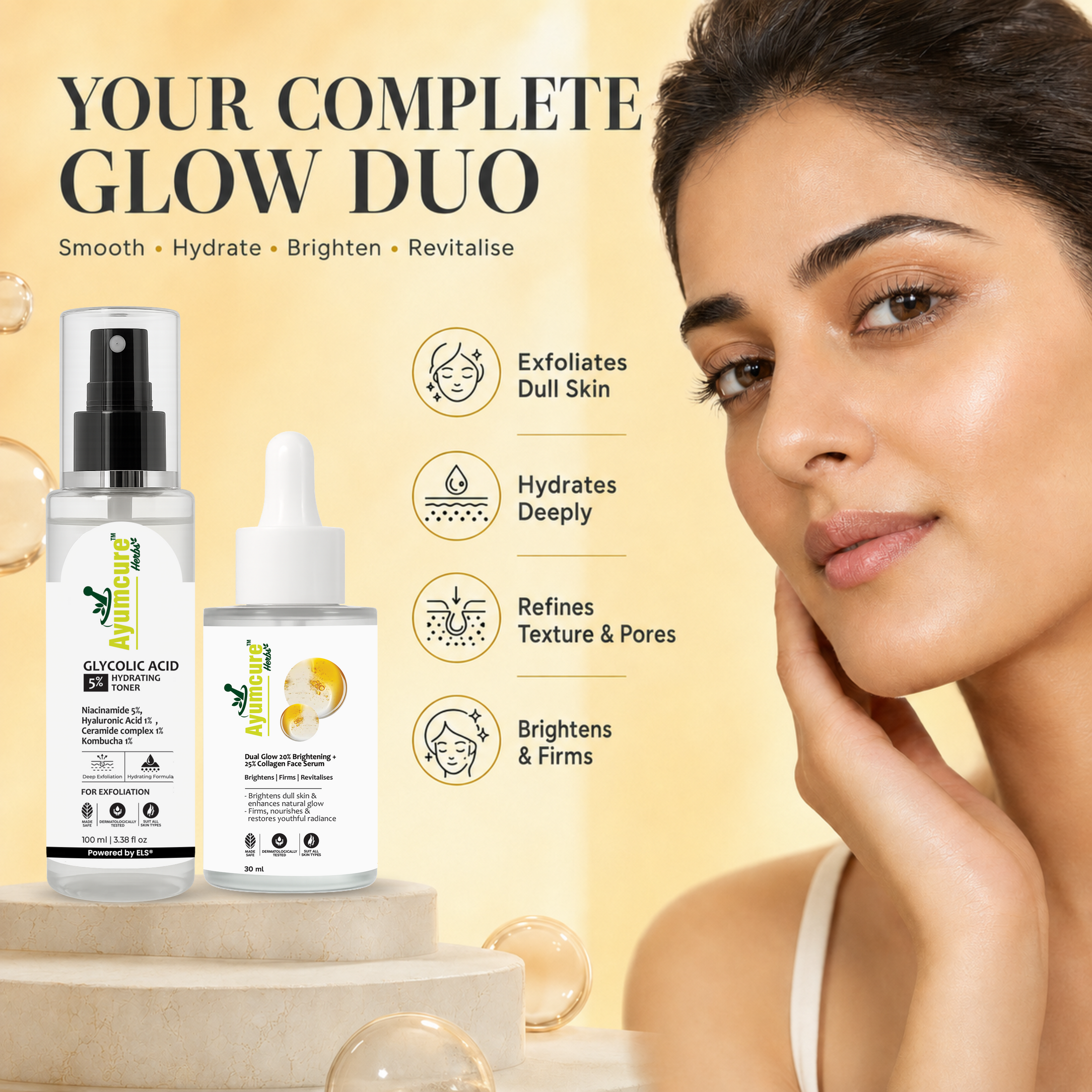 The Exfoliate + Brighten Duo — Glycolic Acid Toner + Dual Glow Serum | All Skin Types