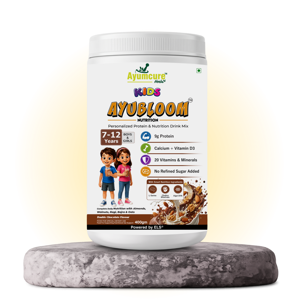 Kids AYUBLOOM Nutrition Drink Powder |  Complete Daily Nutrition for Boys & Girls 7-12 Years