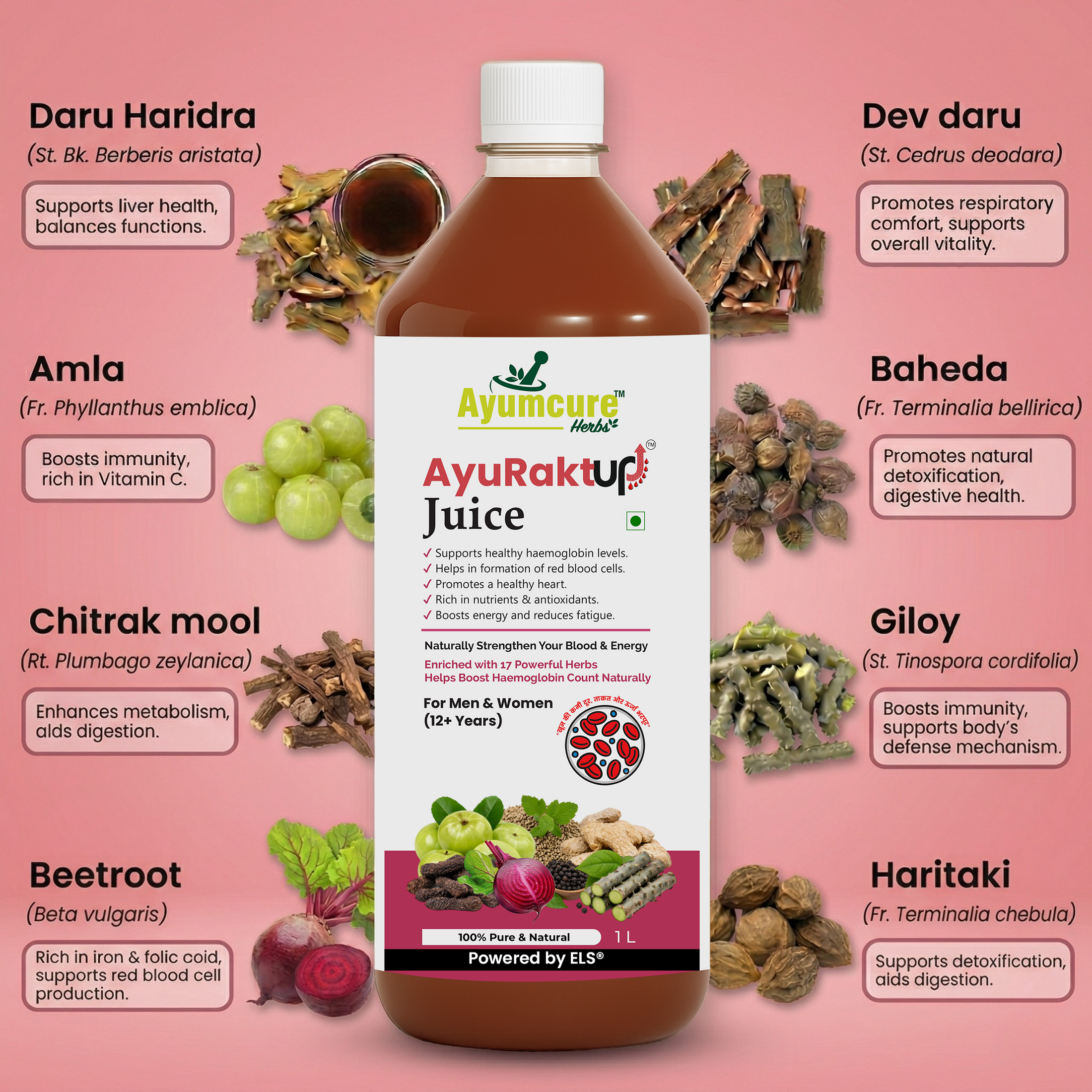 Ayumcure AyuRaktUp Juice | Ayurvedic Blood Health & Iron Support Tonic with 17+ Herbs | Supports Healthy Hemoglobin Levels, RBC Formation & Energy | Helps Reduce Fatigue | 100% Natural | For Men & Women | 1L