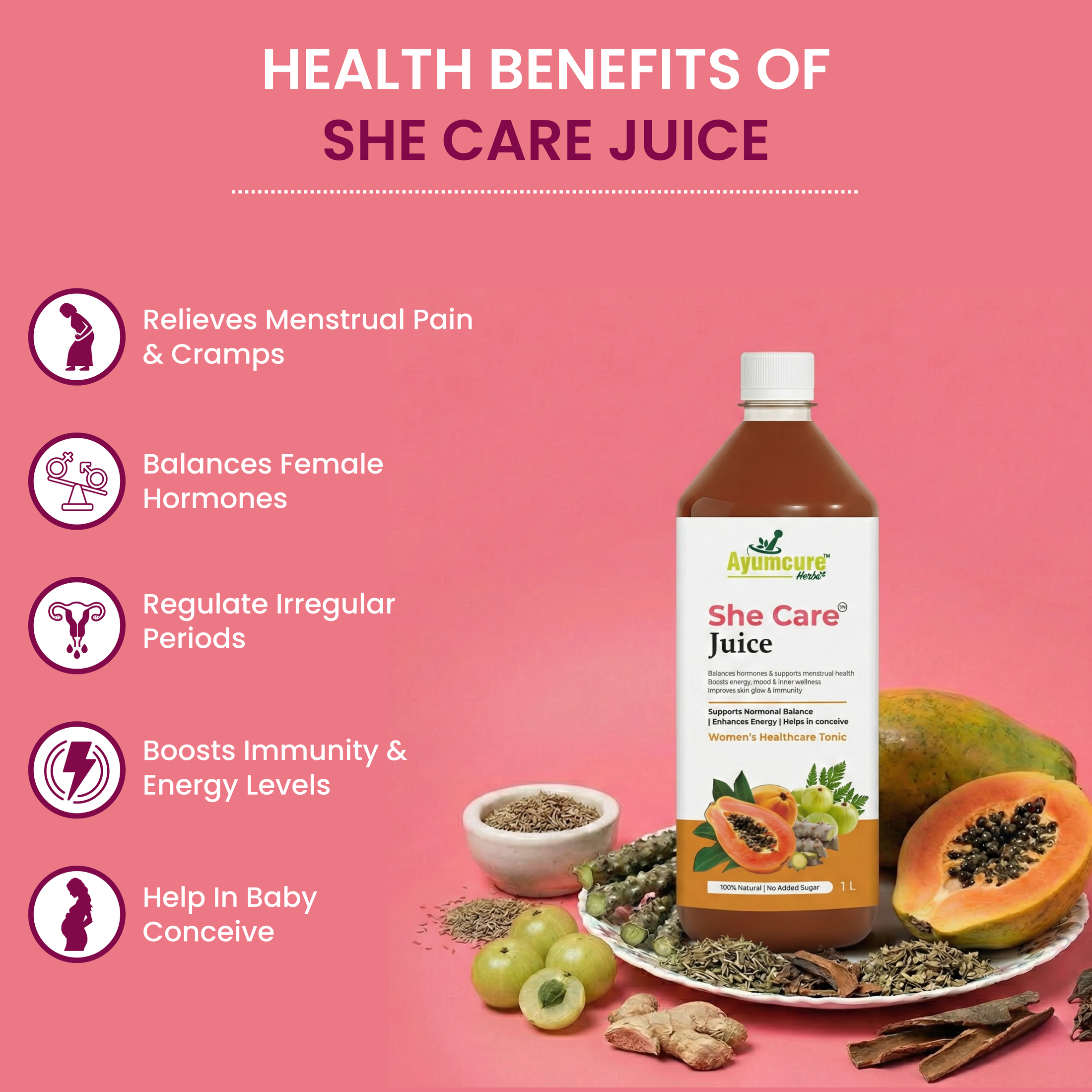 She Care Ayurvedic Juice Pack of 2 | PCOS, PCOD & Period Pain Relief | Only For Women