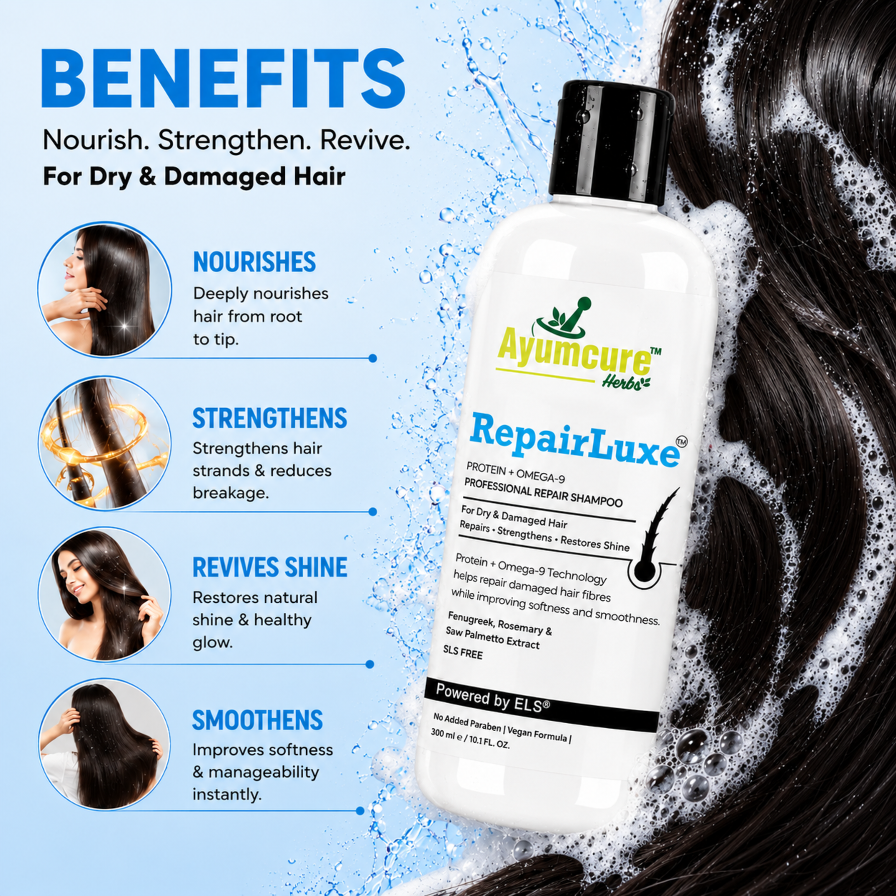 Ayumcure RepairLuxe Professional Repair Shampoo | Protein + Omega-9 Technology | DHT Blocker | Repairs Dry & Damaged Hair | Strengthens Hair Fibres, Reduces Breakage & Supports Healthy Hair Growth | With Fenugreek, Rosemary & Saw Palmetto | SLS Free