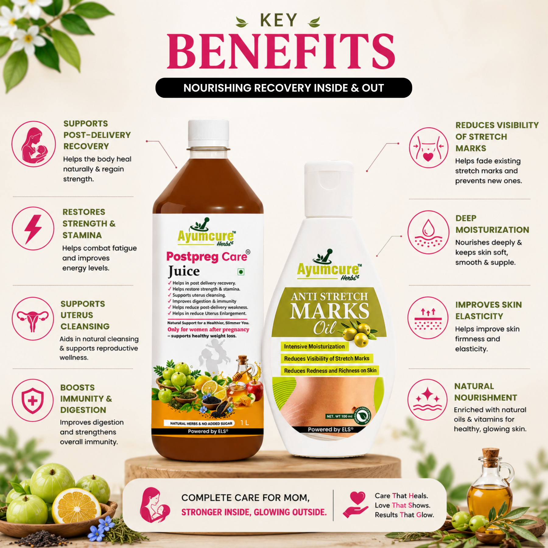 Ayumcure Postpartum Recovery Combo | Postpreg Care Juice 1L + Stretch Mark Reduction Oil 100ml | Ayurvedic Herbal Tonic for Post Delivery Wellness | Natural Oils for Skin Elasticity & Nourishment