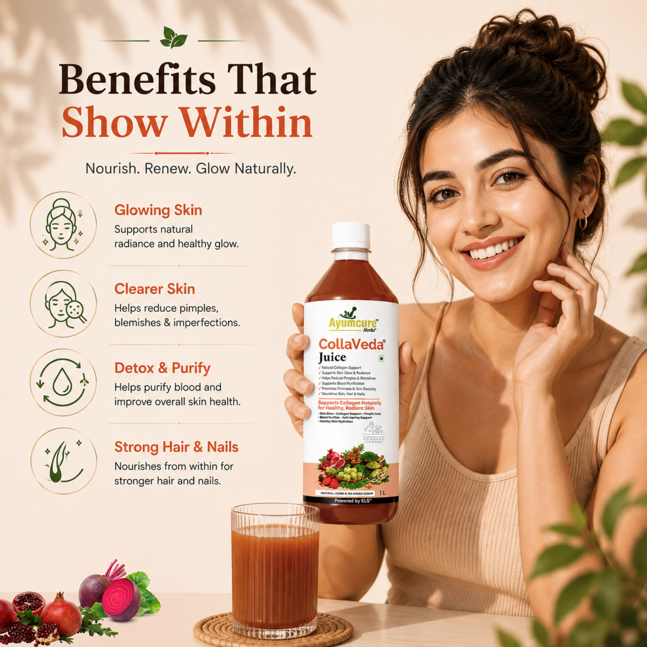 CollaVeda Juice | Korean Glass Skin Formula | 100% Herbal | Natural Collagen Support | Skin Glow & Radiance | For Men & Women | 1 Litre