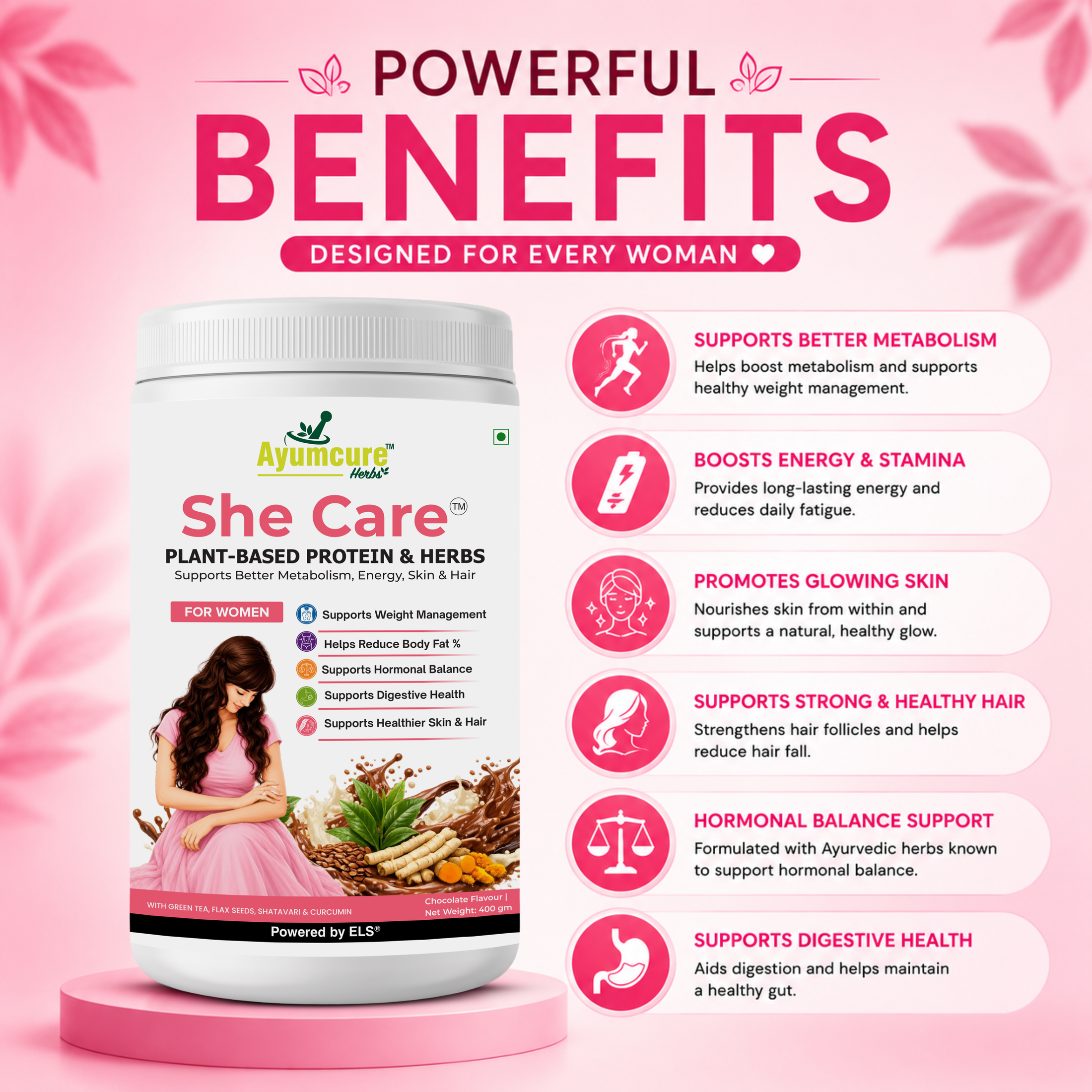 She Care Plant-Based Protein Powder & Herbs for Women | Supports Weight Management, Hormonal Balance, Metabolism & Digestive Health | With Green Tea, Flax Seeds, Shatavari & Curcumin | Chocolate Flavour | 400g