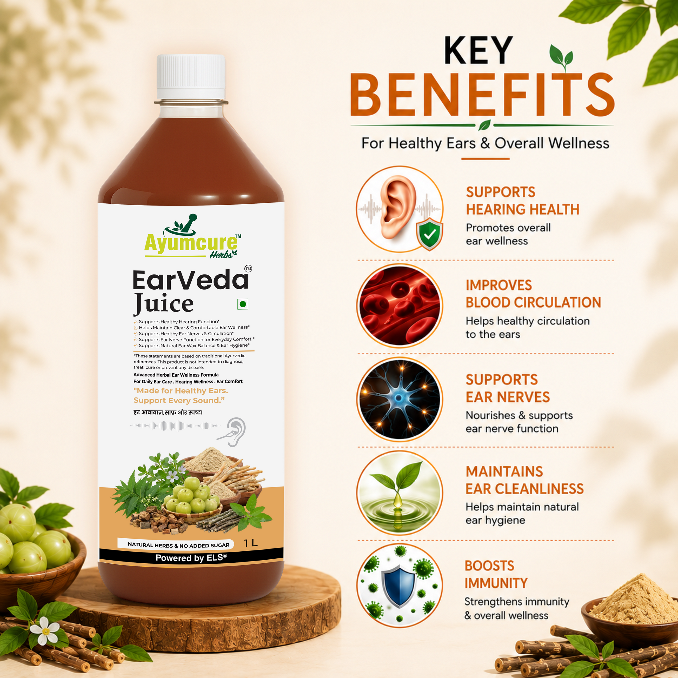 Ayumcure EarVeda Juice – Ayurvedic Ear Wellness Juice with | Supports Healthy Hearing, Ear Nerve Function & Circulation | Natural Herbs, No Added Sugar | 1L