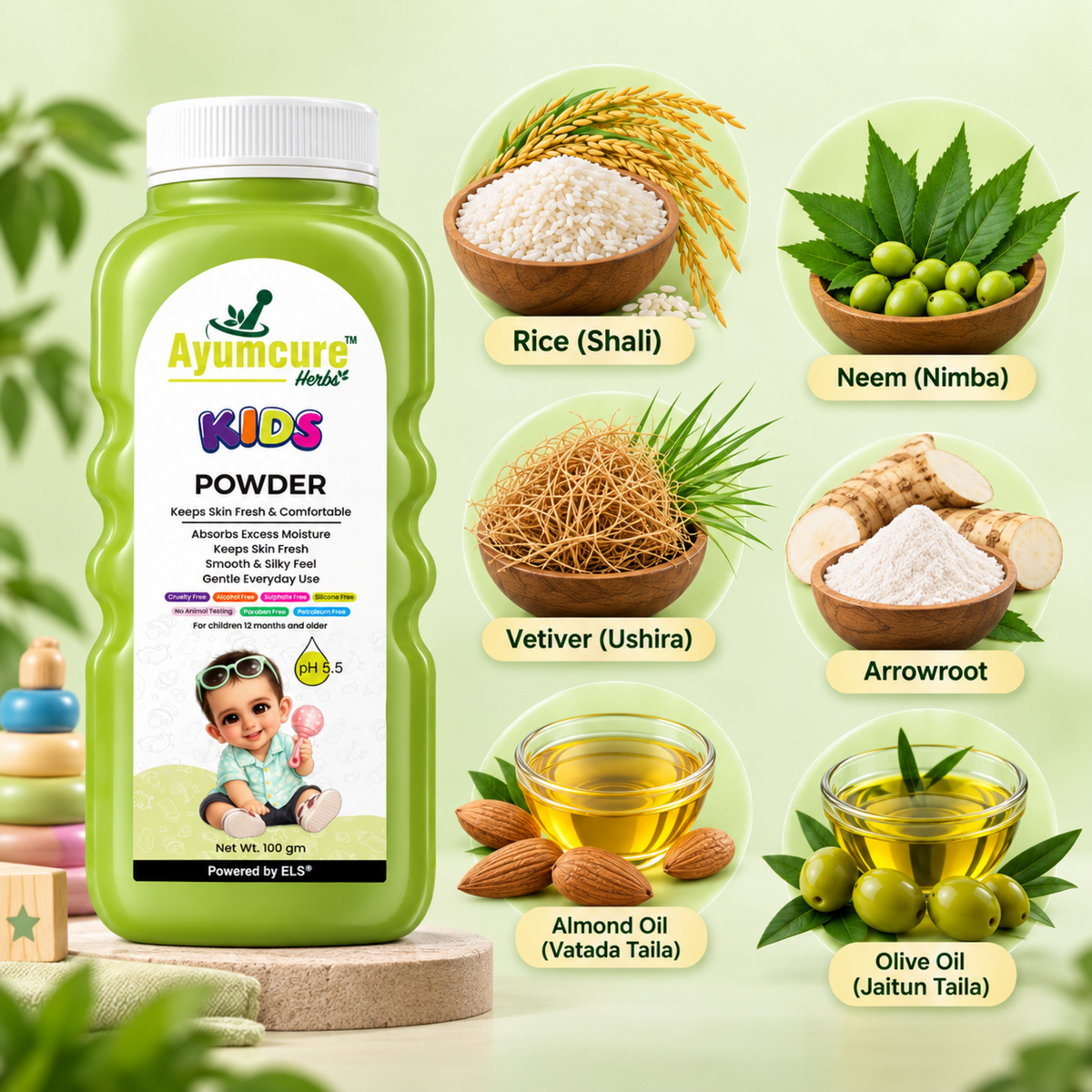 Ayumcure Herbs Kids Powder | Keeps Skin Fresh & Comfortable | Ayurvedic with Rice Starch, Neem & Vetiver | Absorbs Excess Moisture | 100gm
