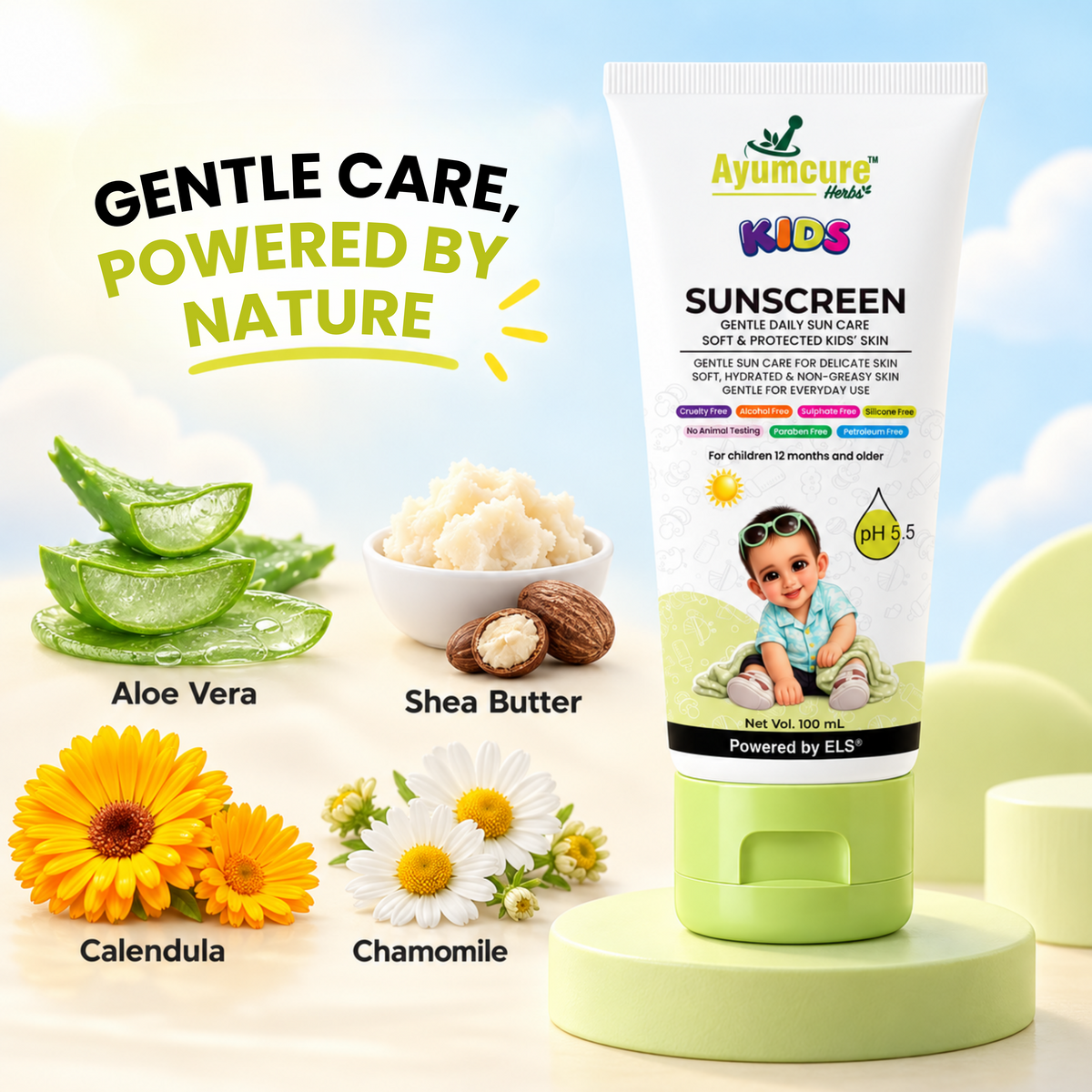 Ayumcure Herbs Kids Sunscreen SPF 30 PA+++ | Gentle Daily Sun Care | Ayurvedic with Aloe Vera, Calendula & Shea Butter | Soft, Hydrated & Non-Greasy Skin | 100ml