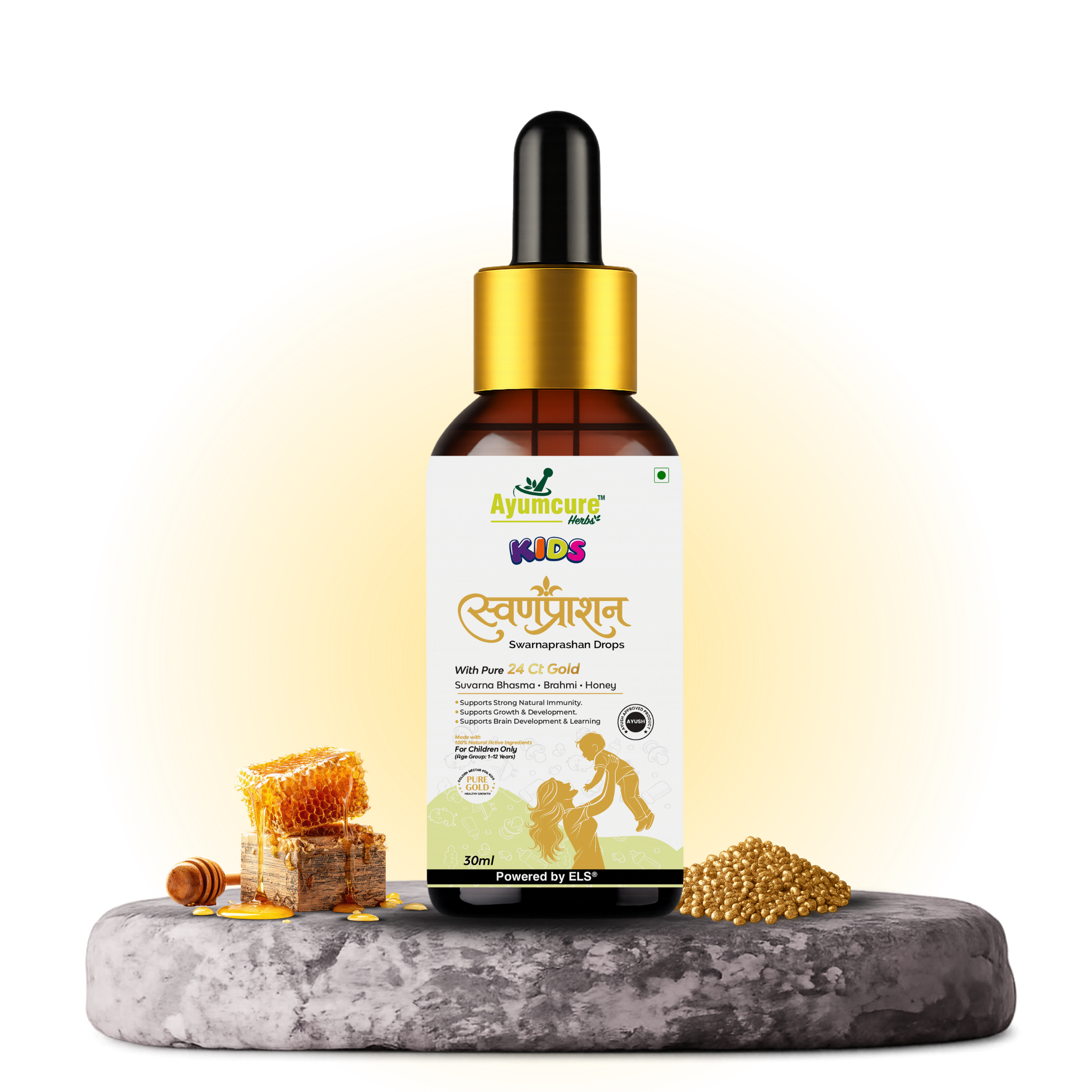 Ayumcure Kids Suvarnaprashan Drops | Golden Nectar Ayurvedic Immunity & Brain Support for Children 1-12 Years | With 24 Ct Gold, Suvarna Bhasma, Brahmi, Shankhpushpi, Vacha & Honey