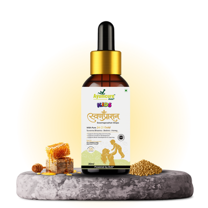 Ayumcure Kids Suvarnaprashan Drops | Golden Nectar Ayurvedic Immunity & Brain Support for Children 1-12 Years | With 24 Ct Gold, Suvarna Bhasma, Brahmi, Shankhpushpi, Vacha & Honey