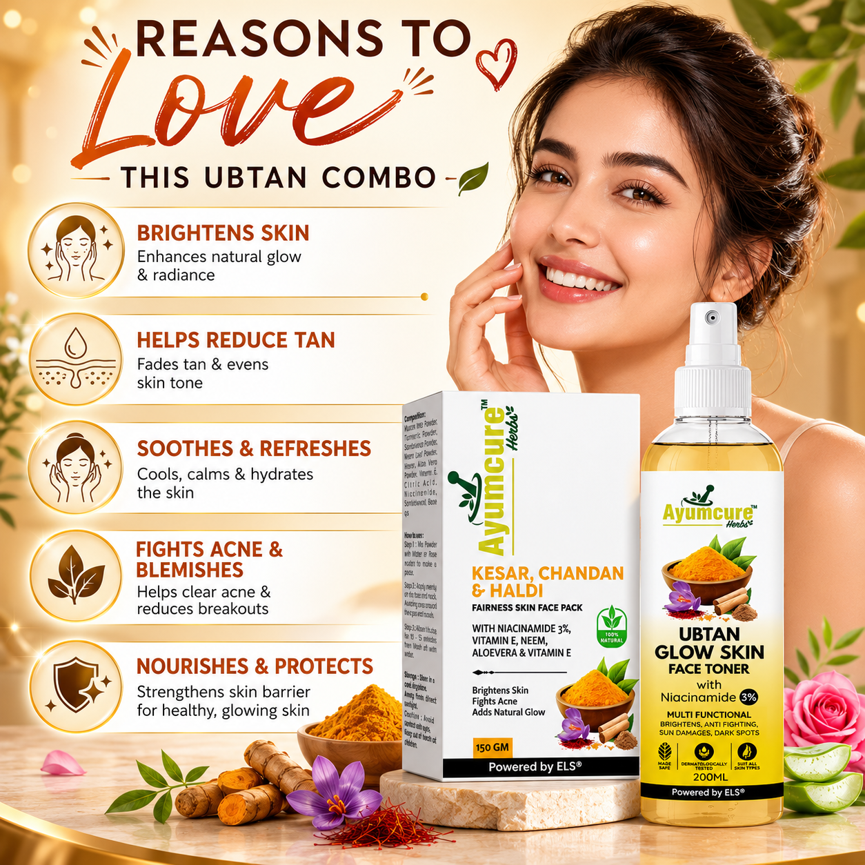 Ubtan Glow Toner + Radiance Face Pack | 3% Niacinamide, Kesar & Haldi | Men & Women