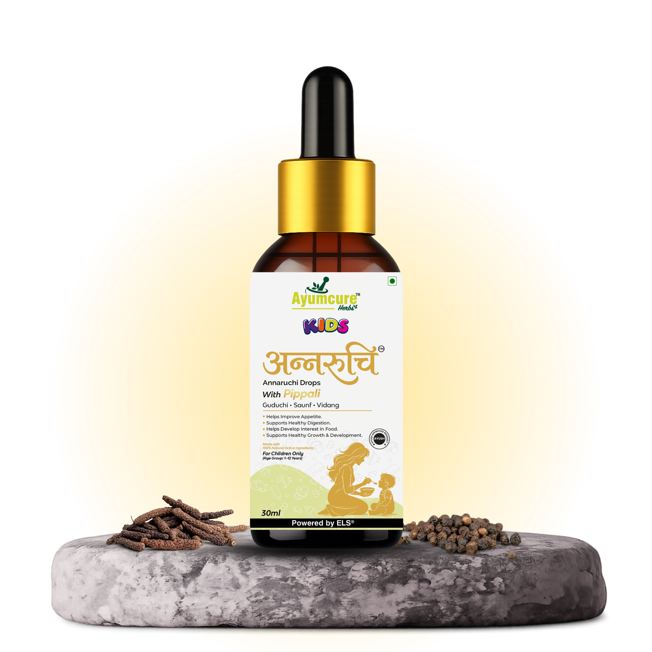 Ayumcure Kids Annaruchi Drops | Ayurvedic Appetite & Digestive Support for Children 1-12 Years | With Pippali, Guduchi, Saunf, Vidang, Kutki & Amla | Helps Improve Appetite, Supports Healthy Digestion, Nutrient Absorption & Healthy Growth | 30ml