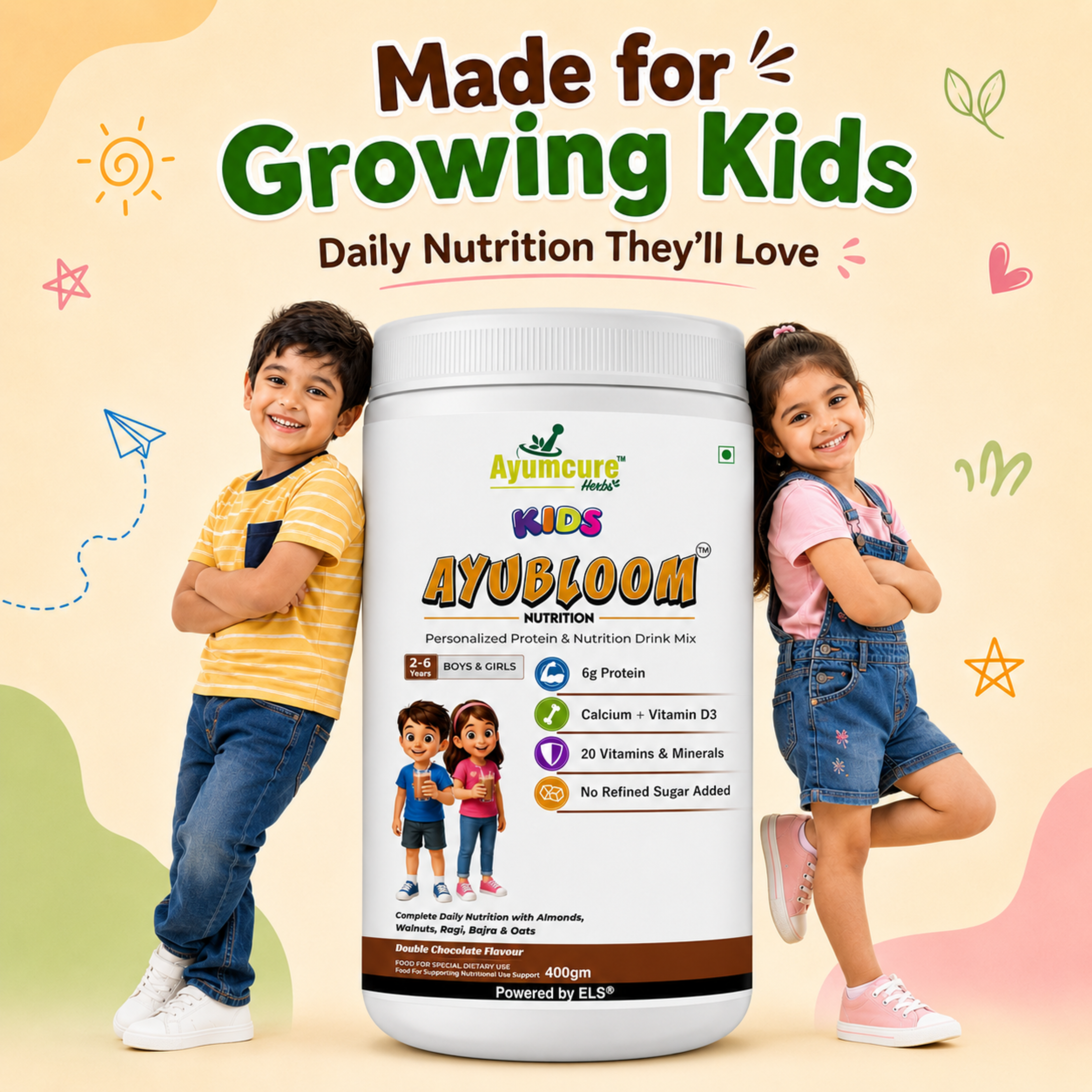 Ayumcure Kids AYUBLOOM Nutrition Drink Powder | No Refined Sugar Added | 6g Protein Per Serving | With DHA, Wellmune, Choline & L-Serine | 13 Vitamins & 6 Minerals | Complete Daily Nutrition for Boys & Girls 2-6 Years