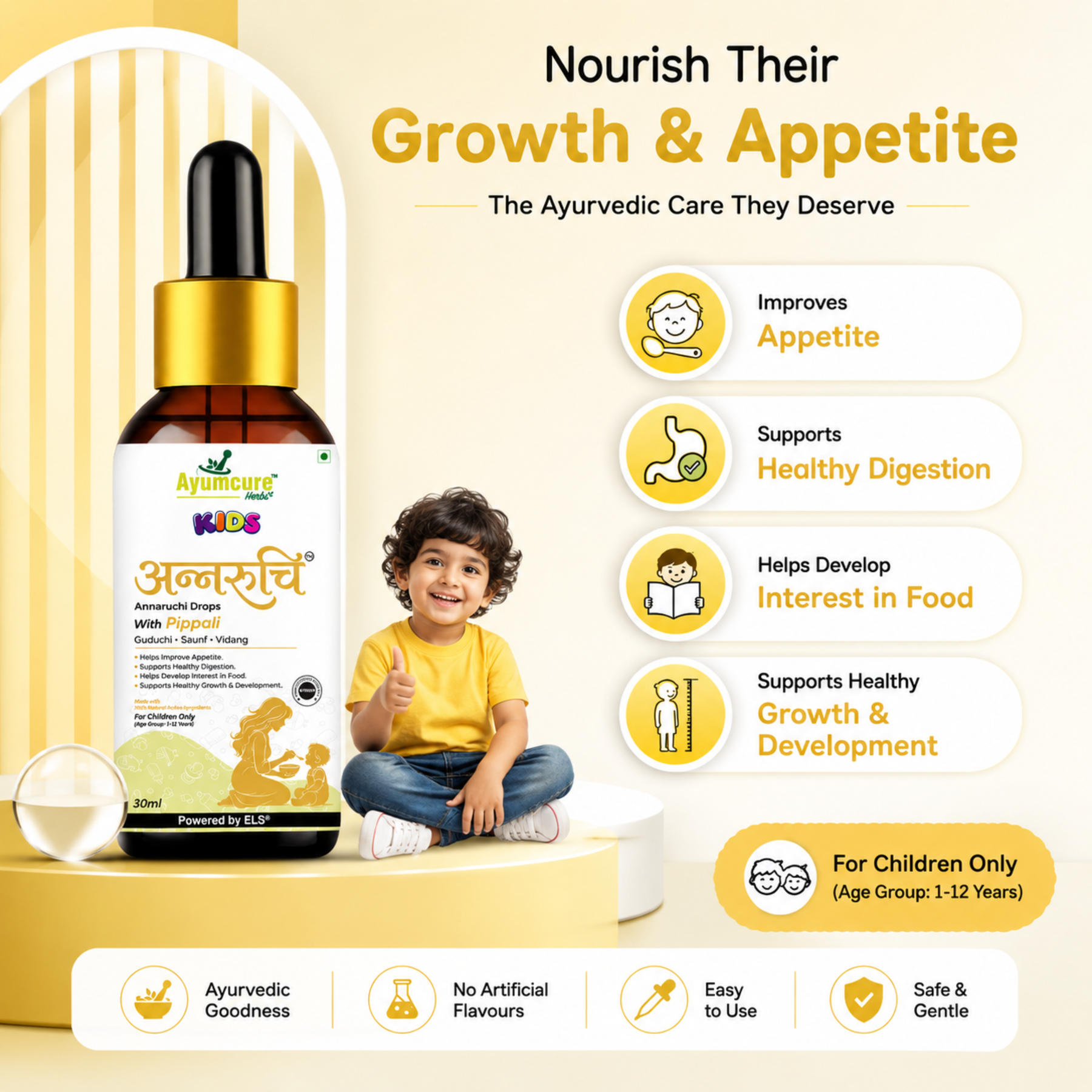 Ayumcure Kids Annaruchi Drops | Ayurvedic Appetite & Digestive Support for Children 1-12 Years | With Pippali, Guduchi, Saunf, Vidang, Kutki & Amla | Helps Improve Appetite, Supports Healthy Digestion, Nutrient Absorption & Healthy Growth | 30ml