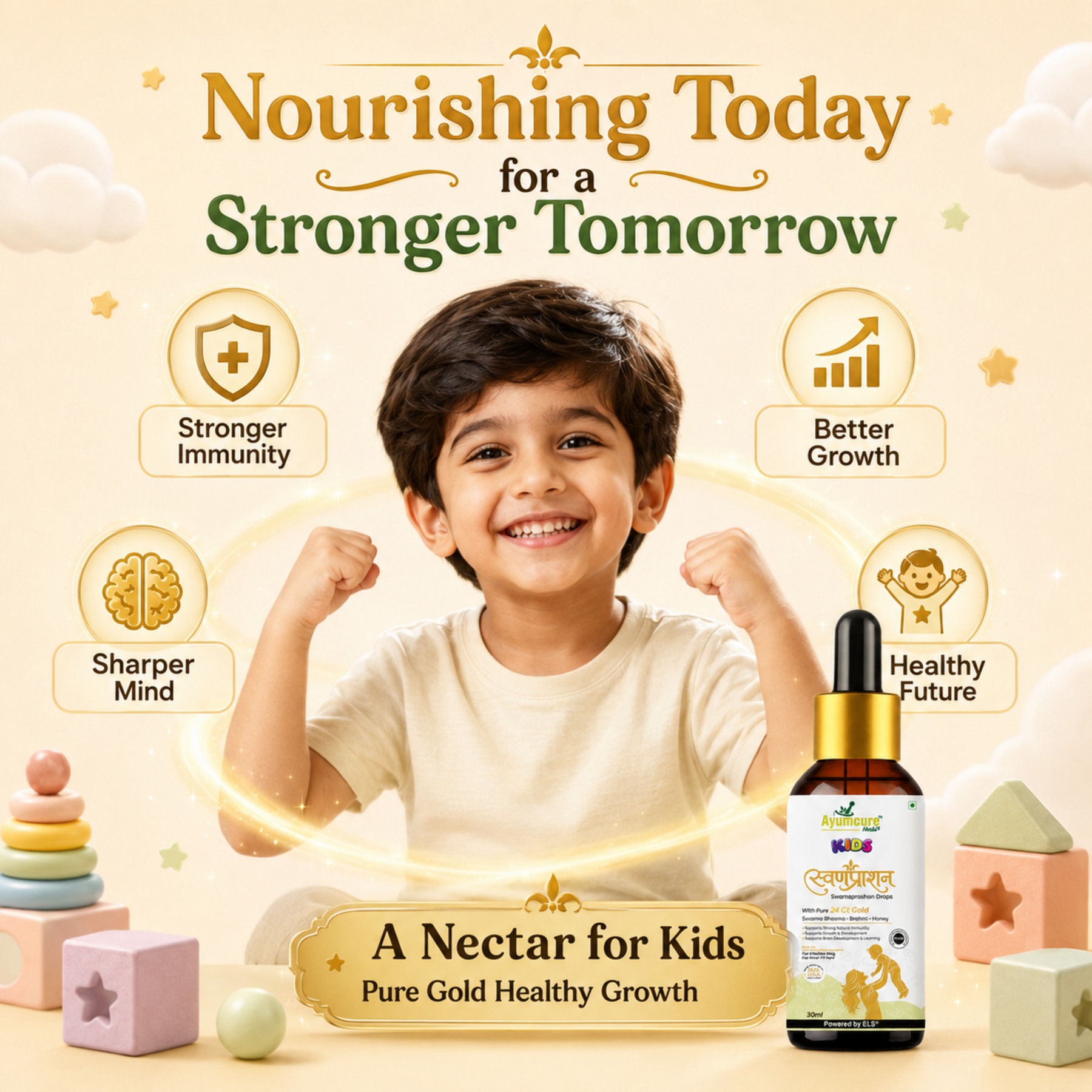Ayumcure Kids Suvarnaprashan Drops | Golden Nectar Ayurvedic Immunity & Brain Support for Children 1-12 Years | With 24 Ct Gold, Suvarna Bhasma, Brahmi, Shankhpushpi, Vacha & Honey