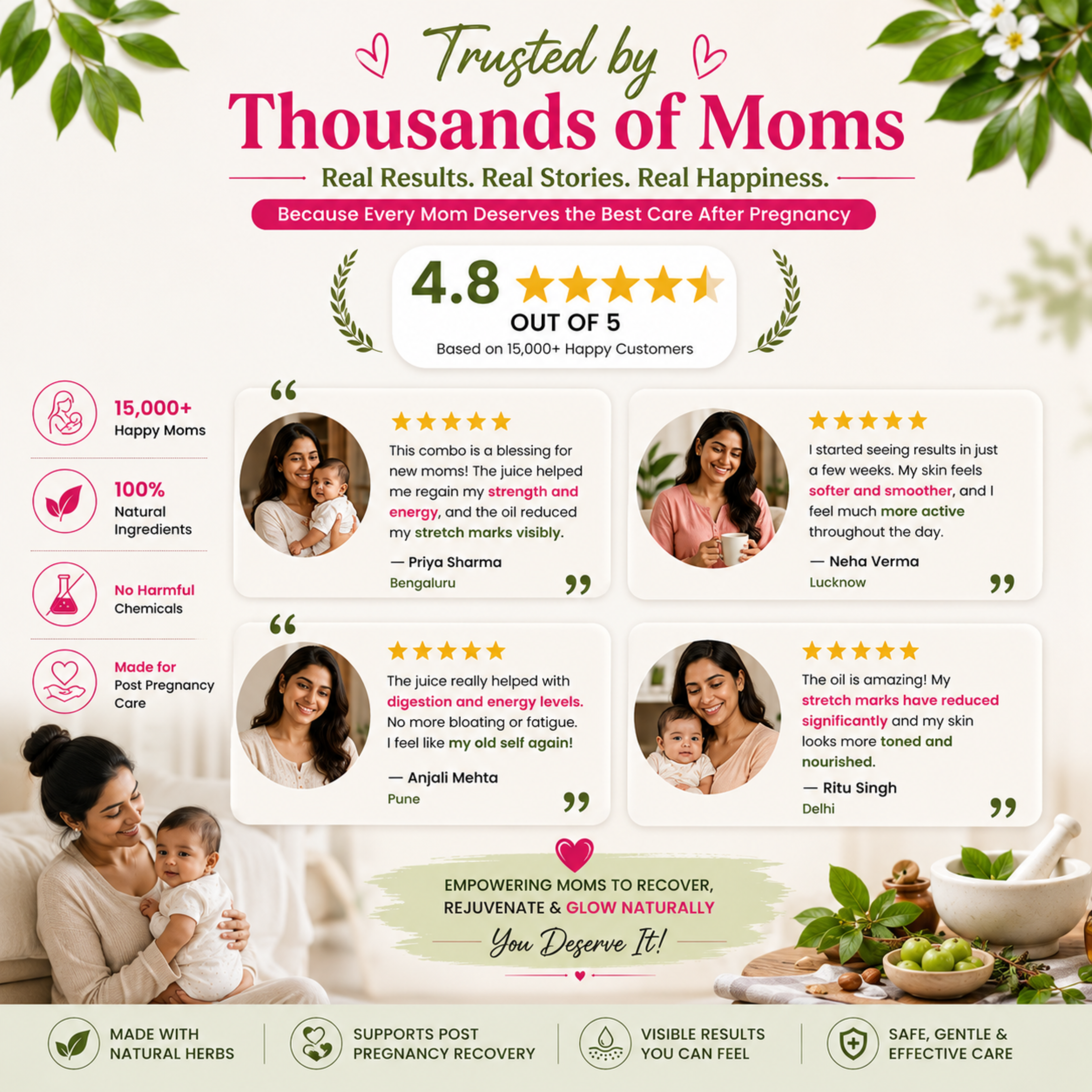 Ayumcure Postpartum Recovery Combo | Postpreg Care Juice 1L + Stretch Mark Reduction Oil 100ml | Ayurvedic Herbal Tonic for Post Delivery Wellness | Natural Oils for Skin Elasticity & Nourishment