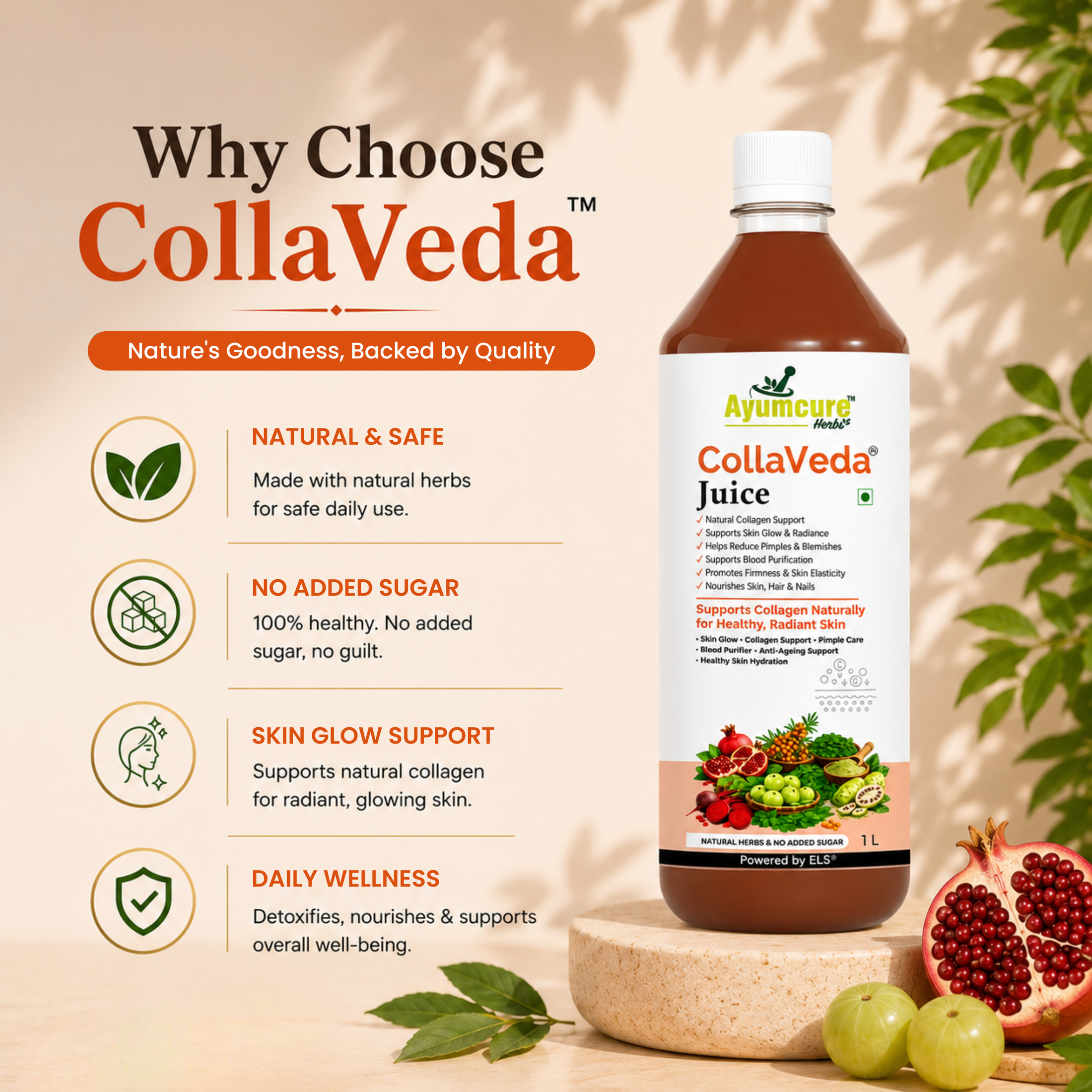 CollaVeda Juice | Korean Glass Skin Formula | 100% Herbal | Natural Collagen Support | Skin Glow & Radiance | For Men & Women | 1 Litre
