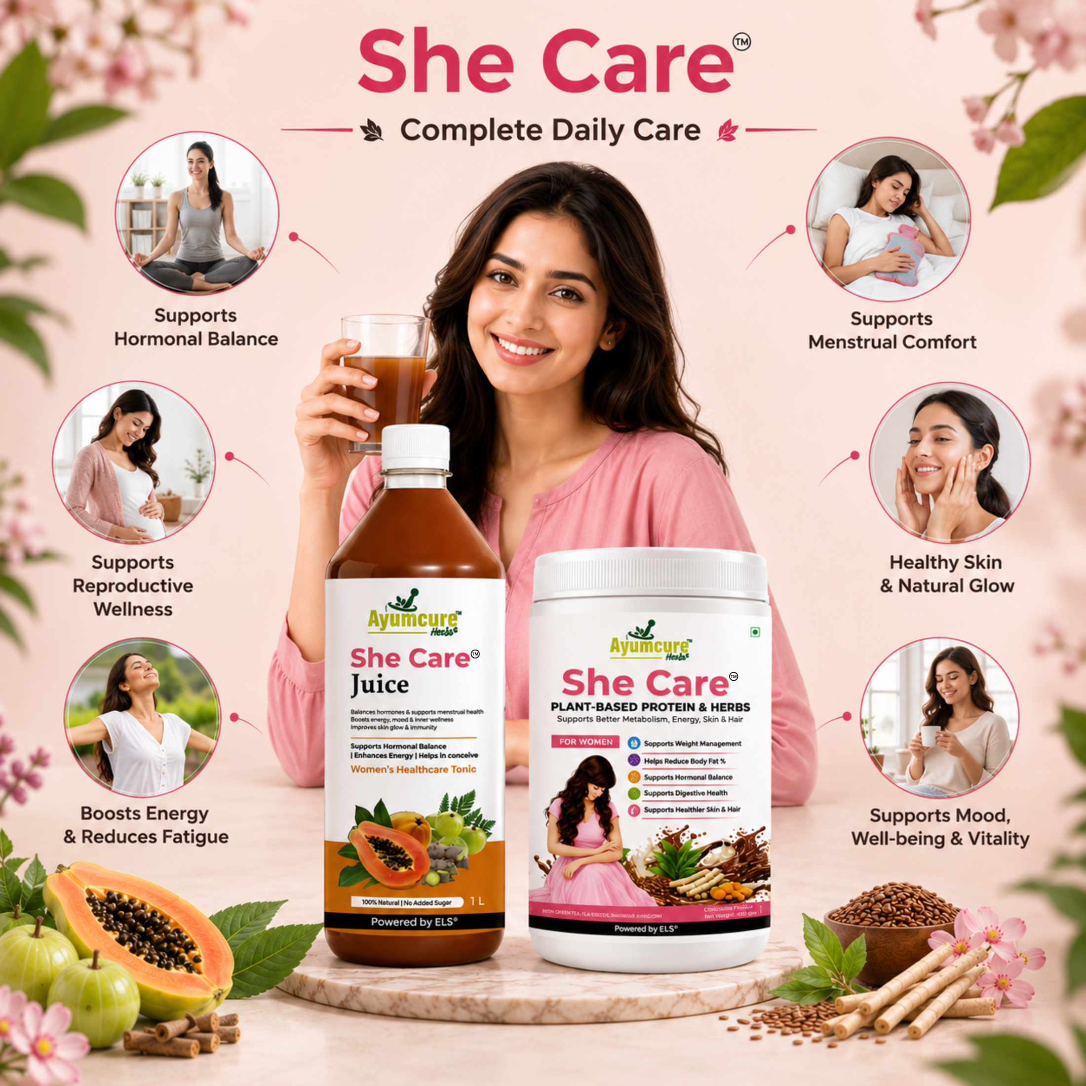 She Care Women’s Wellness Combo | Plant-Based Protein Powder 400 g + Ayurvedic Herbal Juice 1 L | Daily Nutrition, Hormonal Wellness & Monthly Comfort Support